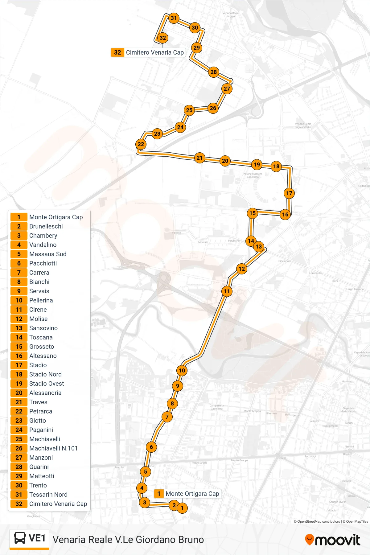 Linea VE1 bus (Venaria Reale V.Le Giordano Bruno) - Percorsi e fermate sulla mappa