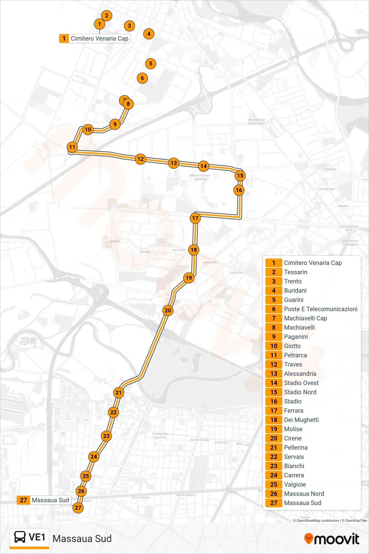 Linea VE1 bus (Massaua Sud) - Percorsi e fermate sulla mappa
