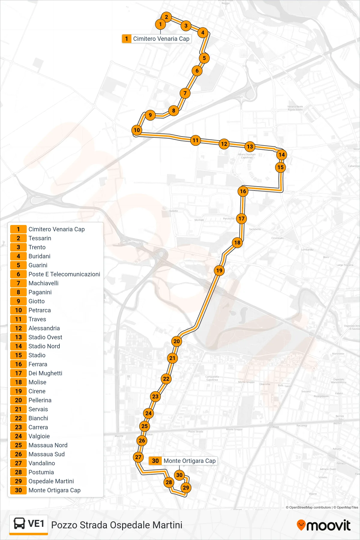 Linea VE1 bus (Pozzo Strada Ospedale Martini) - Percorsi e fermate sulla mappa