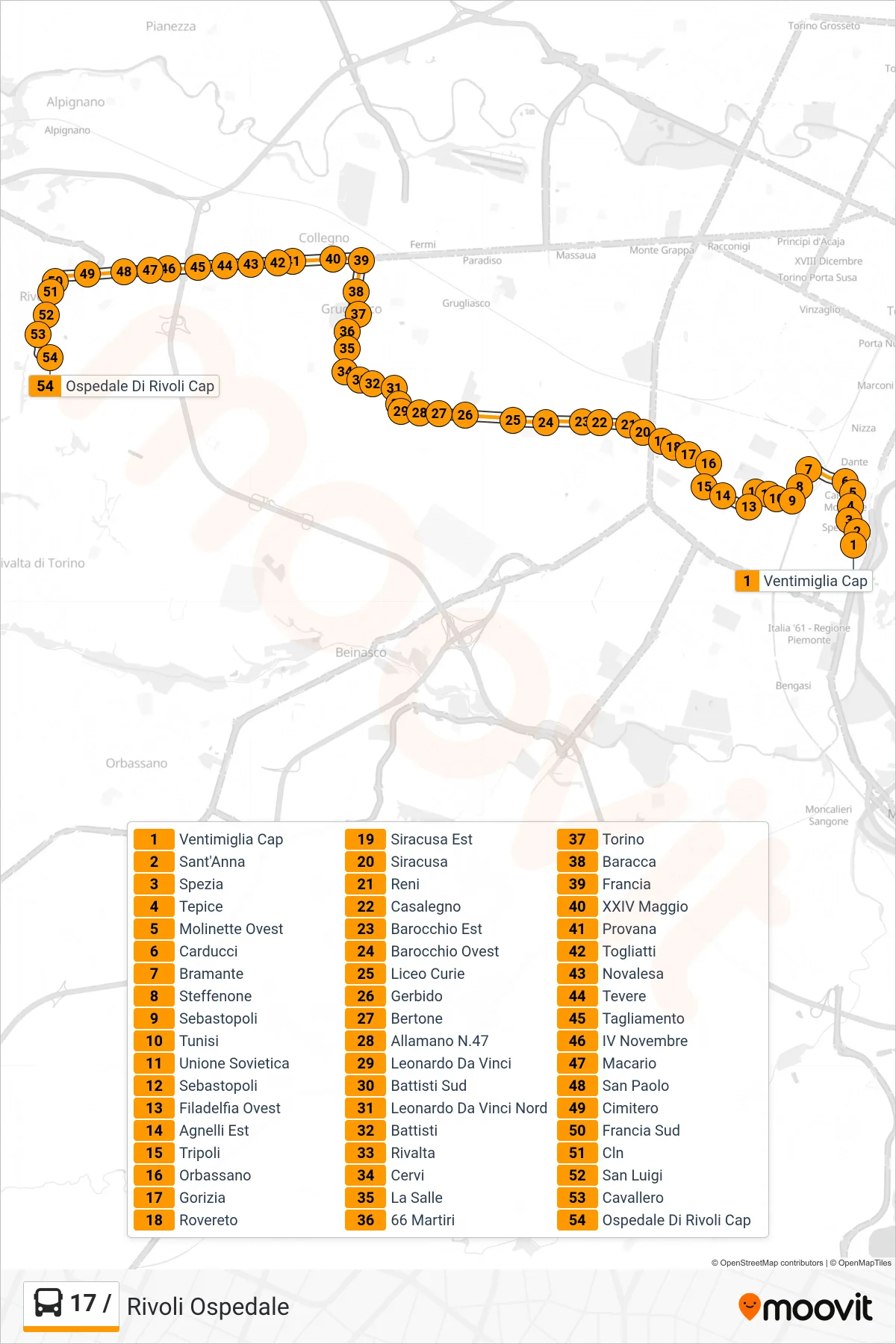 Linea 17 / bus (Rivoli Ospedale) - Percorsi e fermate sulla mappa