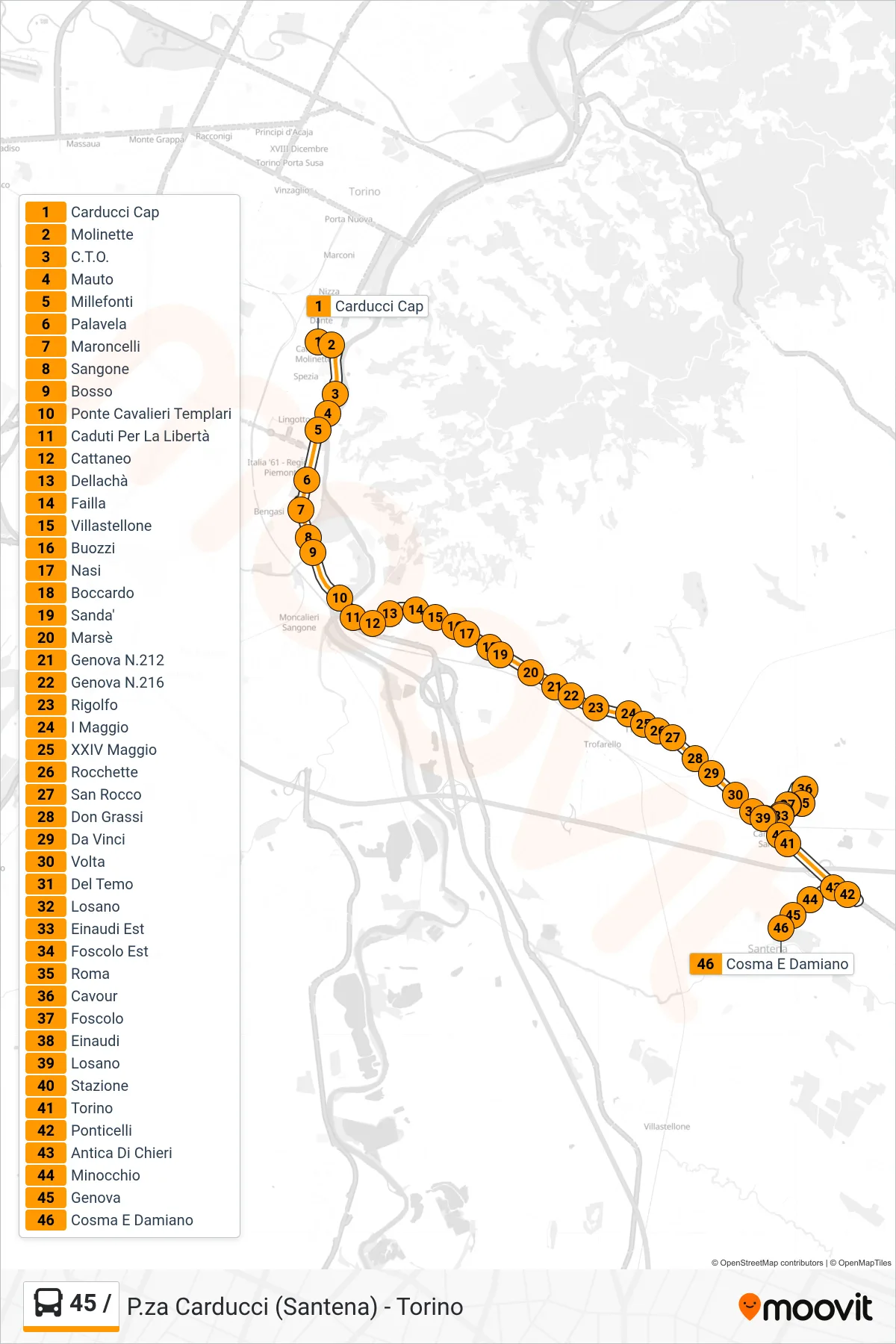 Linea 45 /  bus (Santena Ss. Cosma E Damiano) - Percorsi e fermate sulla mappa