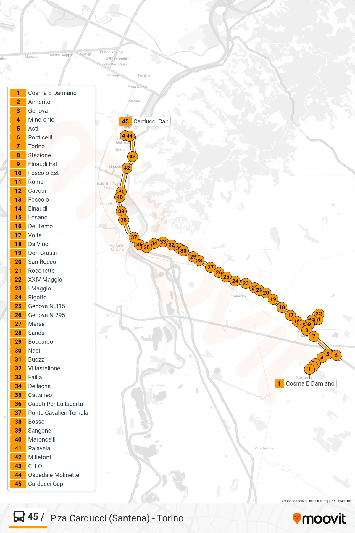 Linea 45 / bus (Molinette Corso Bramante) - Percorsi e fermate sulla mappa
