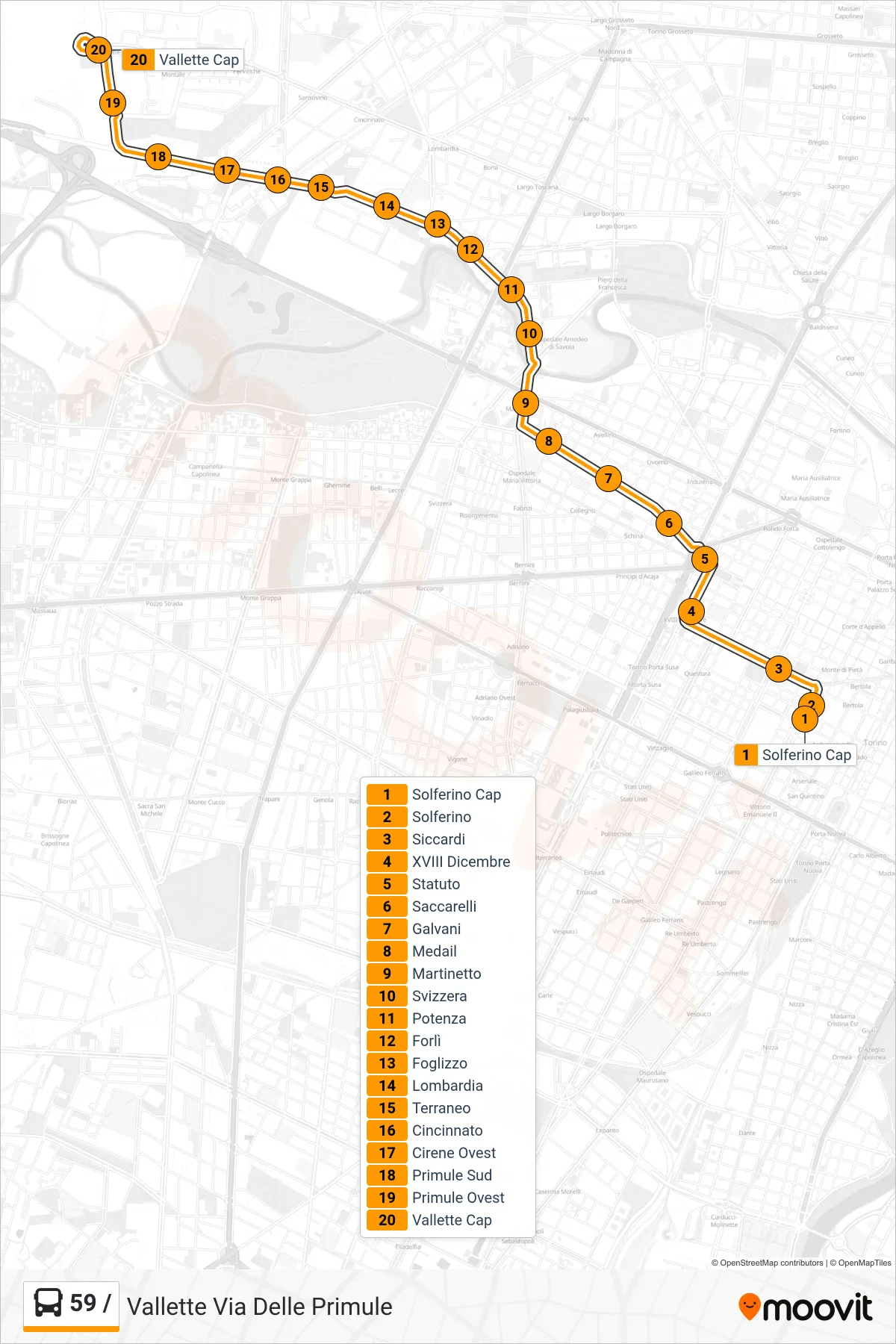 Linea 59 /  bus (Vallette Via Delle Primule) - Percorsi e fermate sulla mappa