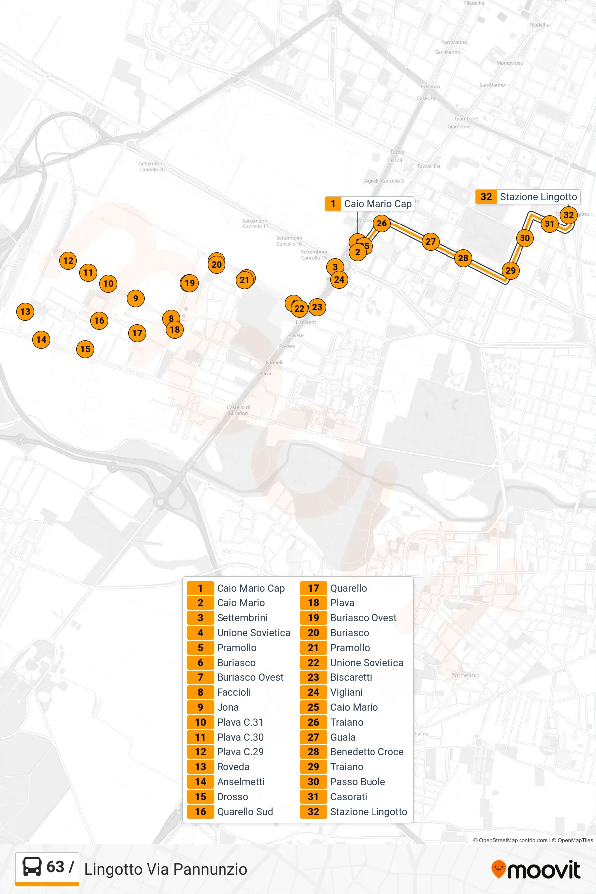 Linea 63 / bus (Lingotto Via Pannunzio) - Percorsi e fermate sulla mappa