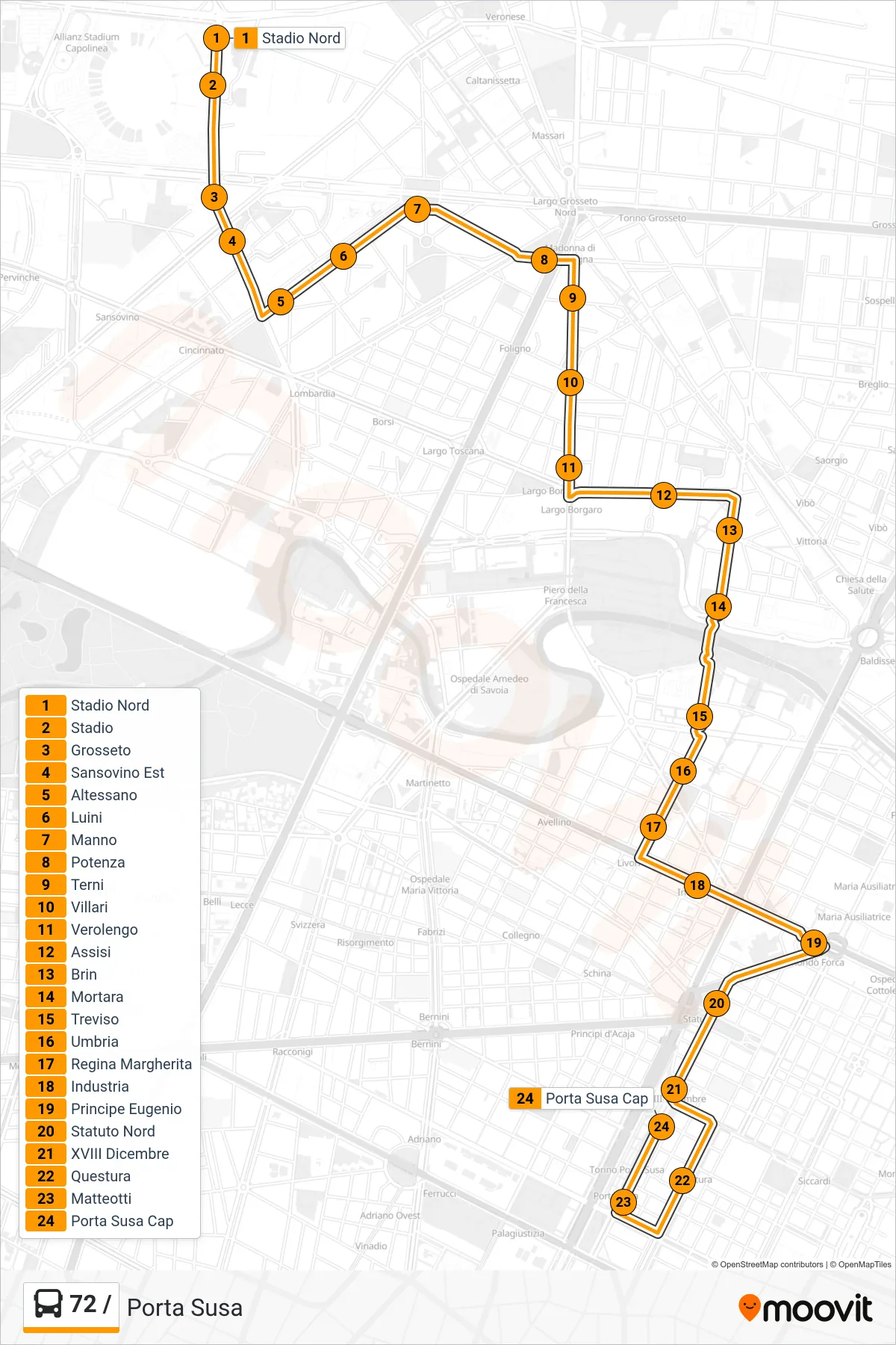 Linea 72 / bus (Porta Susa) - Percorsi e fermate sulla mappa
