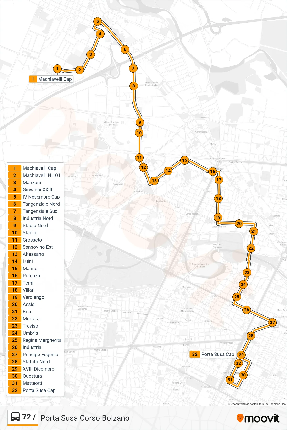 Linea 72 / bus (Porta Susa Corso Bolzano) - Percorsi e fermate sulla mappa