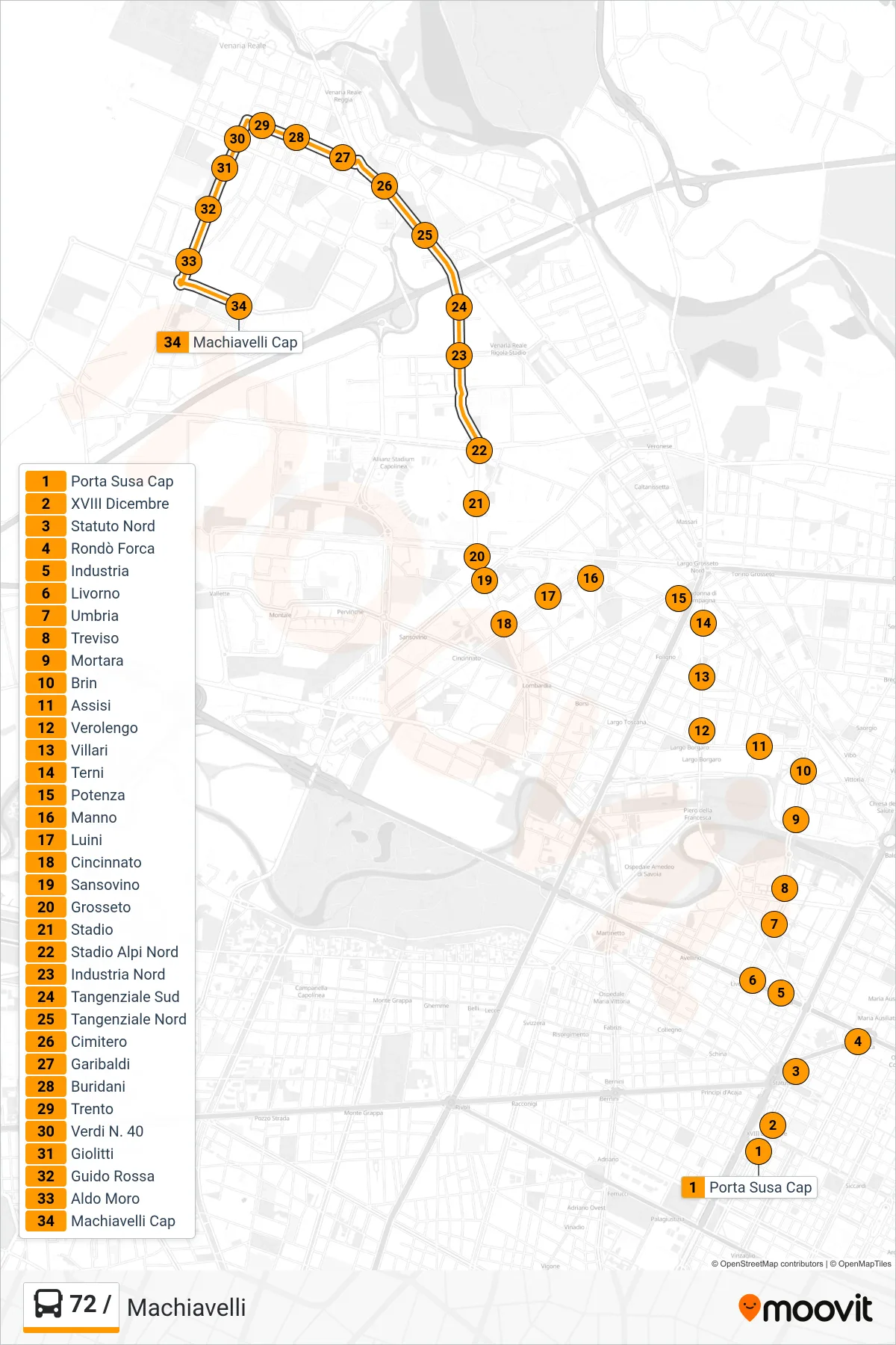 Linea 72 /  bus (Machiavelli) - Percorsi e fermate sulla mappa