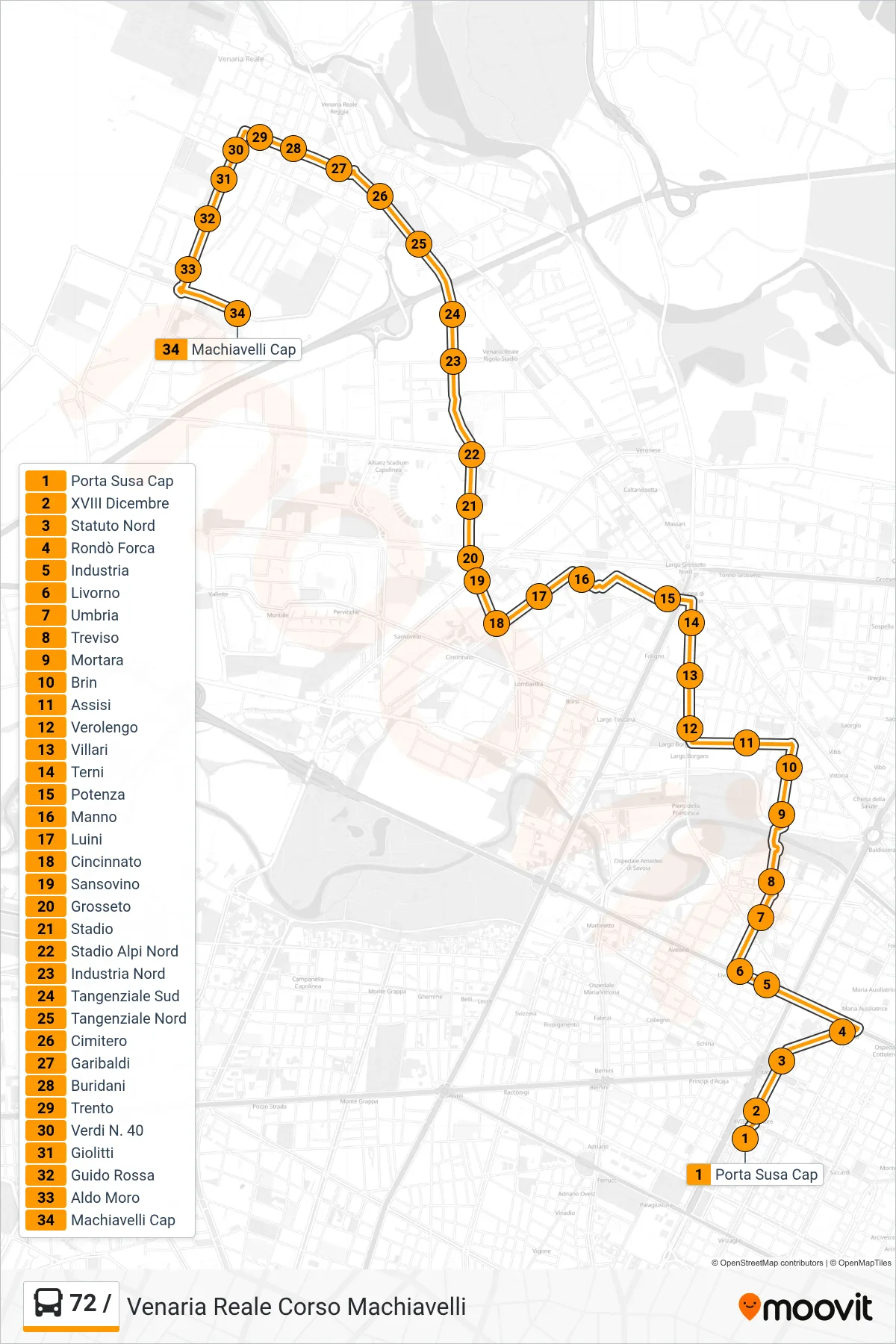 Linea 72 / bus (Venaria Reale Corso Machiavelli) - Percorsi e fermate sulla mappa