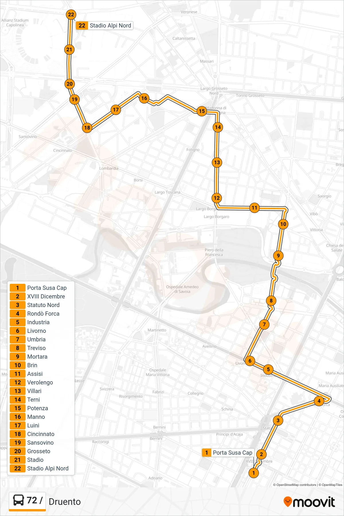 Linea 72 / bus (Druento) - Percorsi e fermate sulla mappa