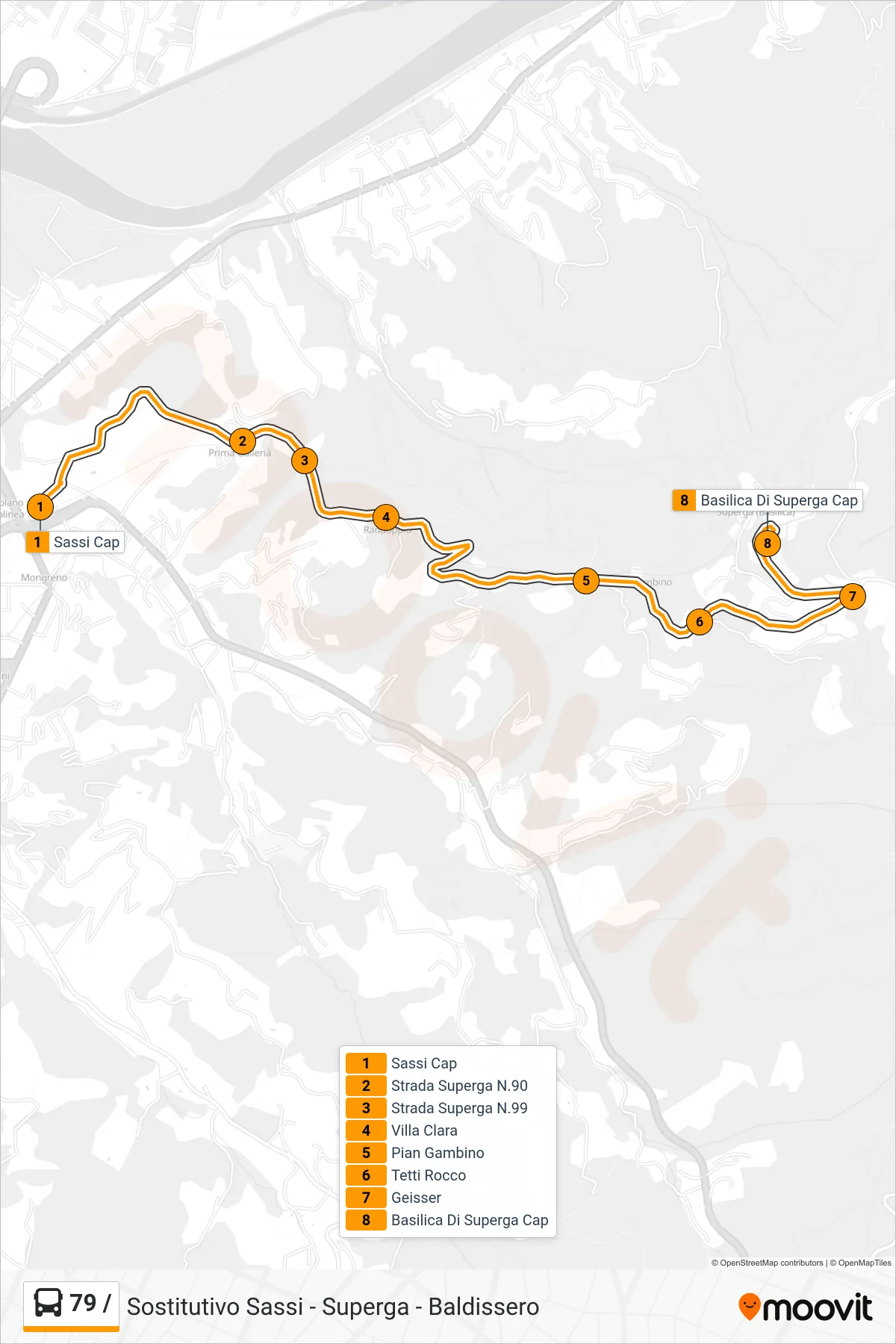 Linea 79 /  bus (Superga Piazzale Basilica) - Percorsi e fermate sulla mappa