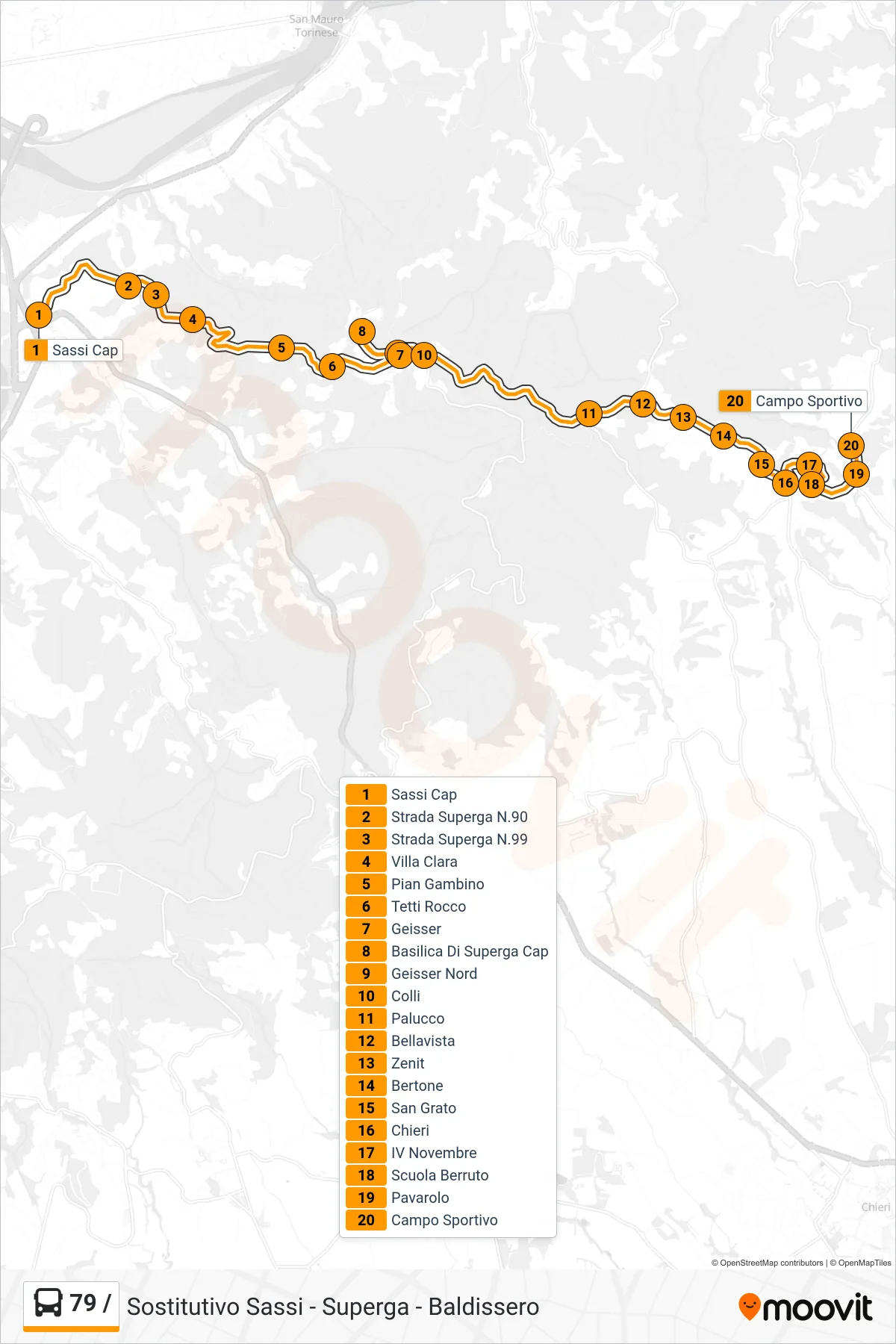 Linea 79 / bus (Baldissero Via Cordova) - Percorsi e fermate sulla mappa