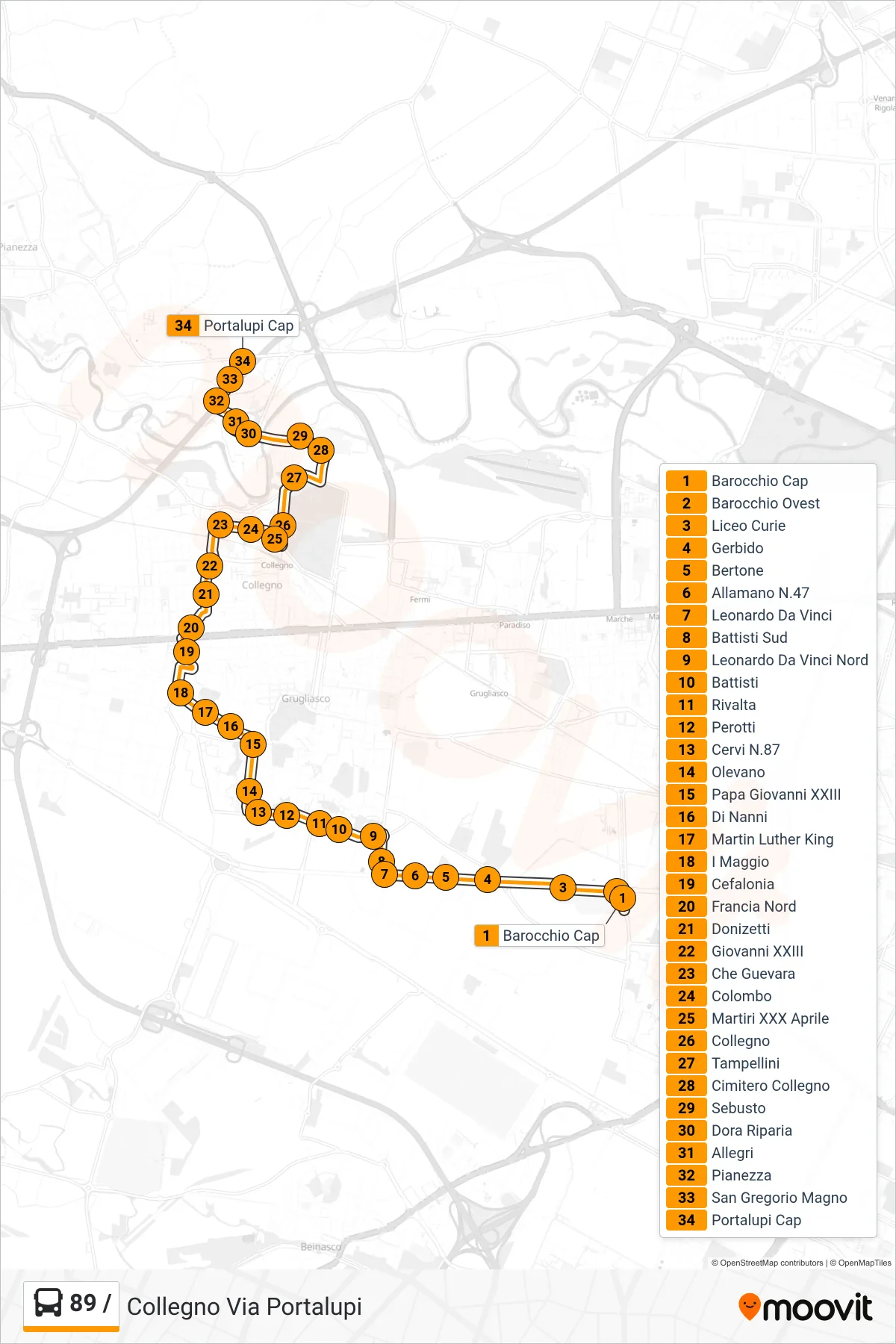 Linea 89 /  bus (Collegno Via Portalupi) - Percorsi e fermate sulla mappa