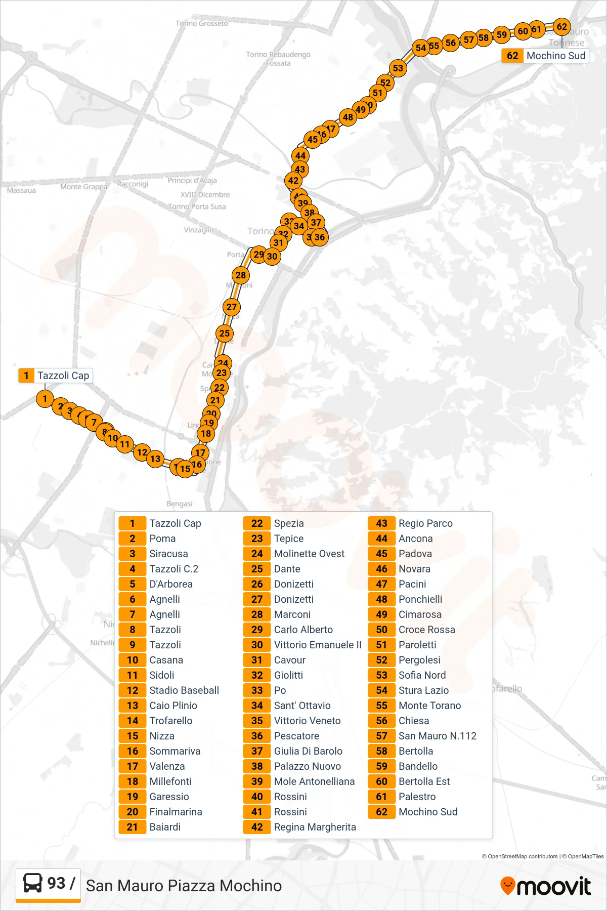 Linea 93 /  bus (San Mauro Piazza Mochino) - Percorsi e fermate sulla mappa