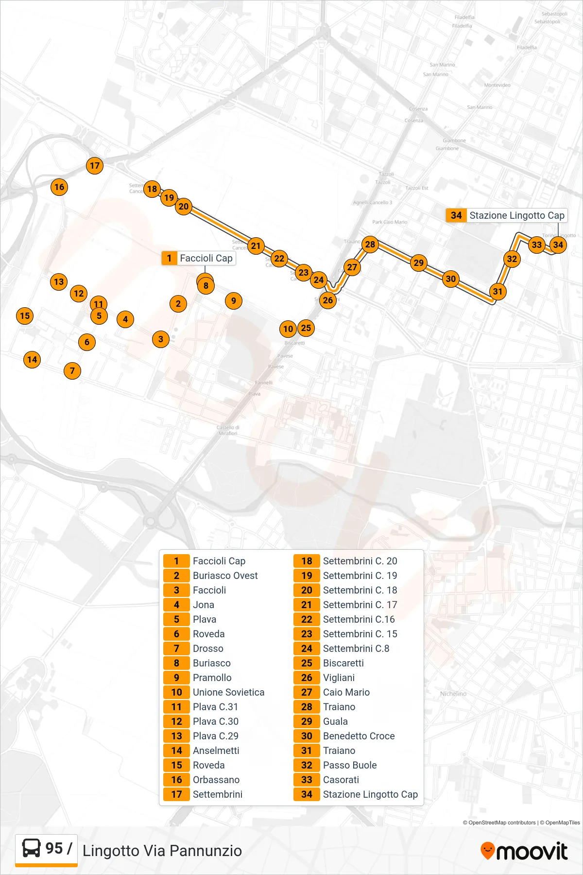 Linea 95 / bus (Lingotto Via Pannunzio) - Percorsi e fermate sulla mappa