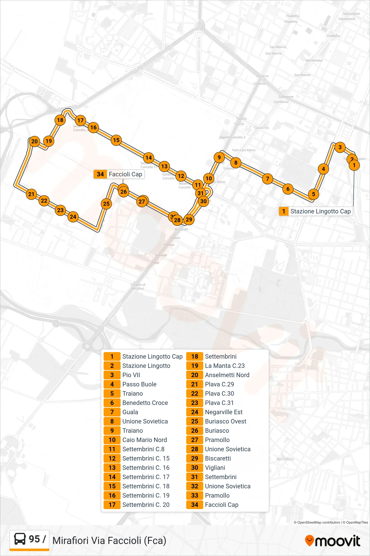 Linea 95 / bus (Mirafiori Via Faccioli (Fca)) - Percorsi e fermate sulla mappa