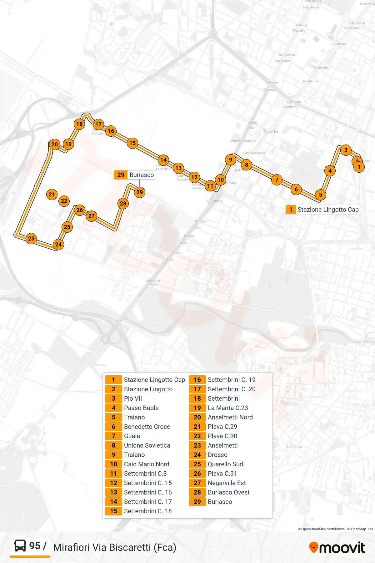 Linea 95 / bus (Mirafiori Via Biscaretti (Fca)) - Percorsi e fermate sulla mappa