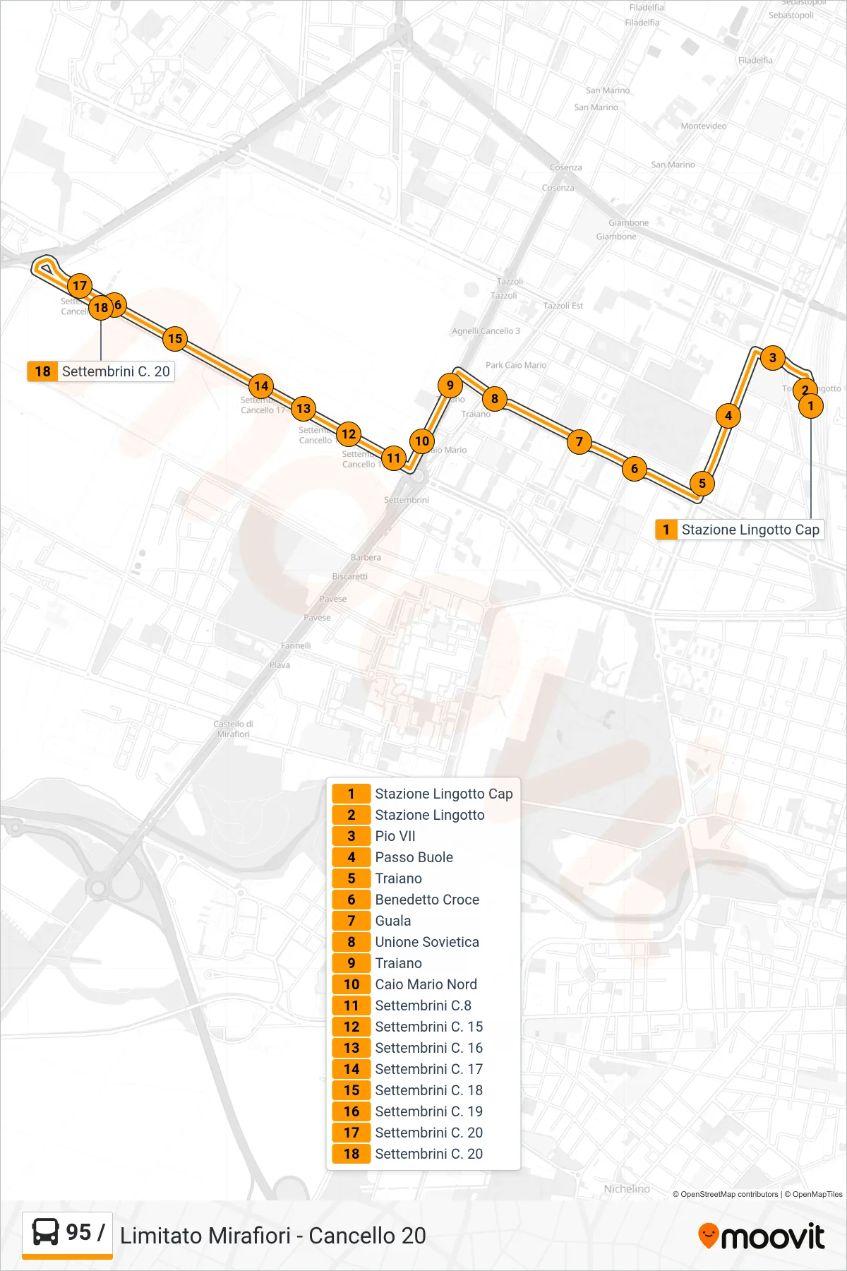 95 / bus Line (Limited Mirafiori - Gate 20) route and stops on a map