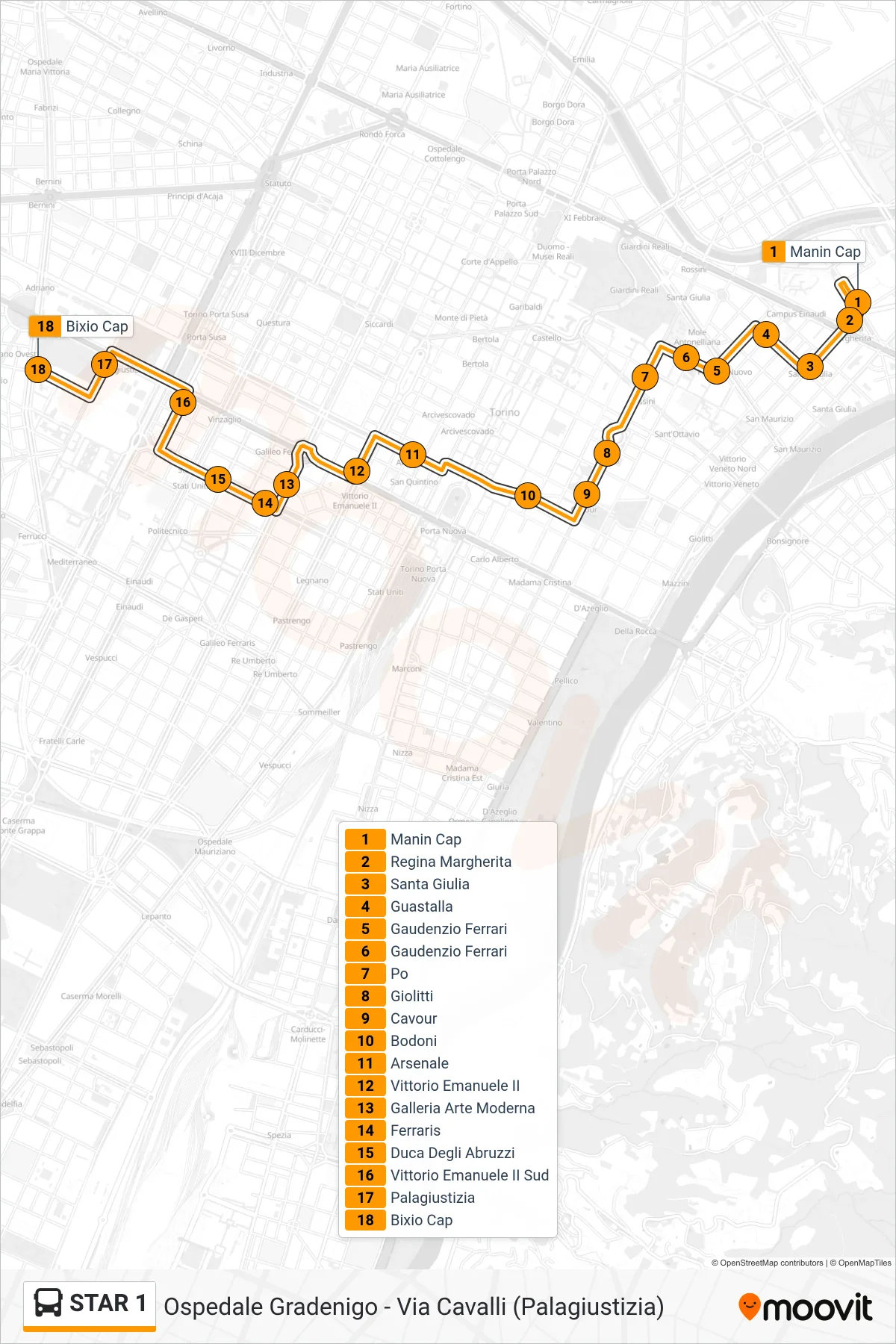 Linea STAR 1  bus (Palagiustizia Via Bixio) - Percorsi e fermate sulla mappa