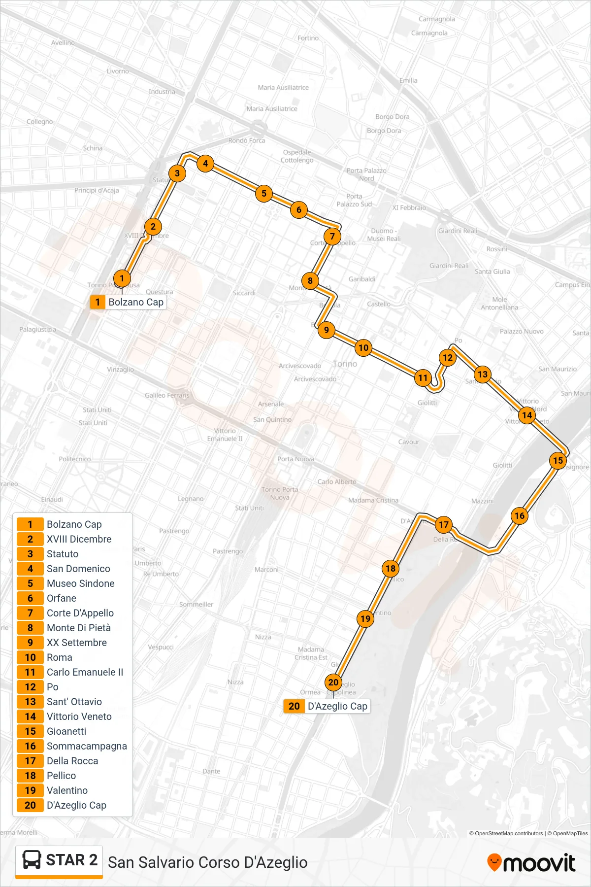 Linea STAR 2  bus (San Salvario Corso D'Azeglio) - Percorsi e fermate sulla mappa
