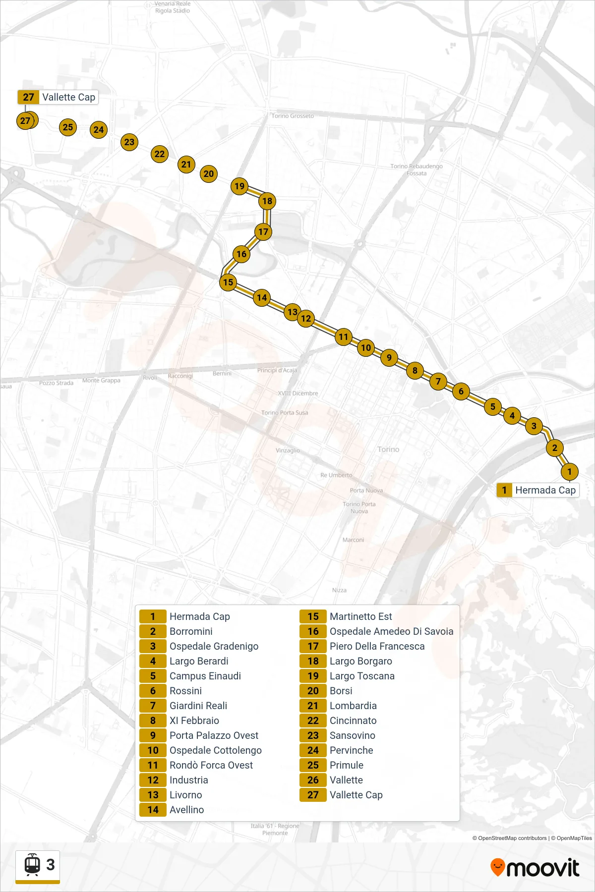Linea 3  tram (Vallette) - Percorsi e fermate sulla mappa