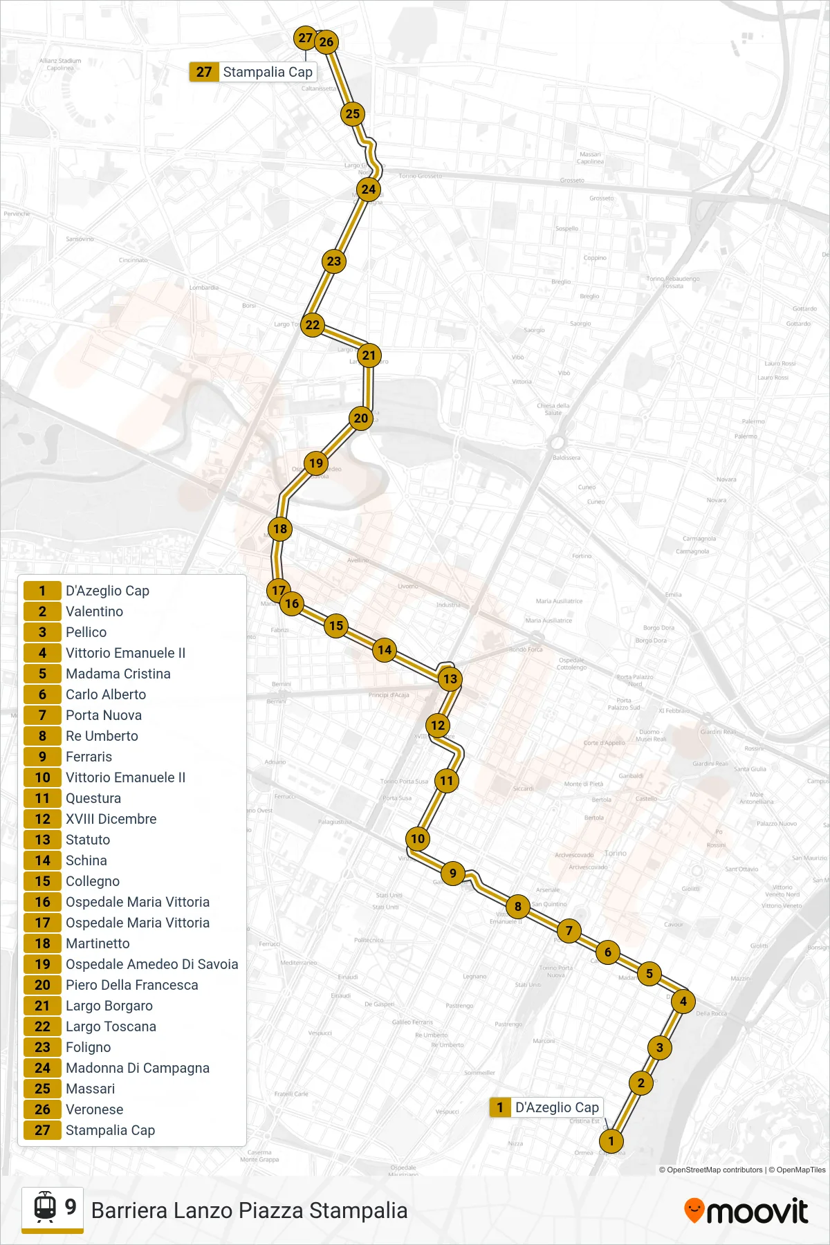 Linea 9 tram (Barriera Lanzo Piazza Stampalia) - Percorsi e fermate sulla mappa