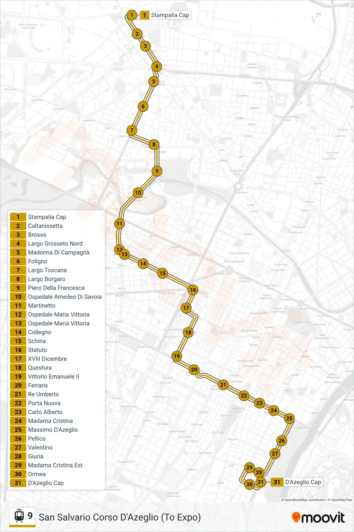 Linea 9  tram (San Salvario Corso D'Azeglio (To Expo)) - Percorsi e fermate sulla mappa