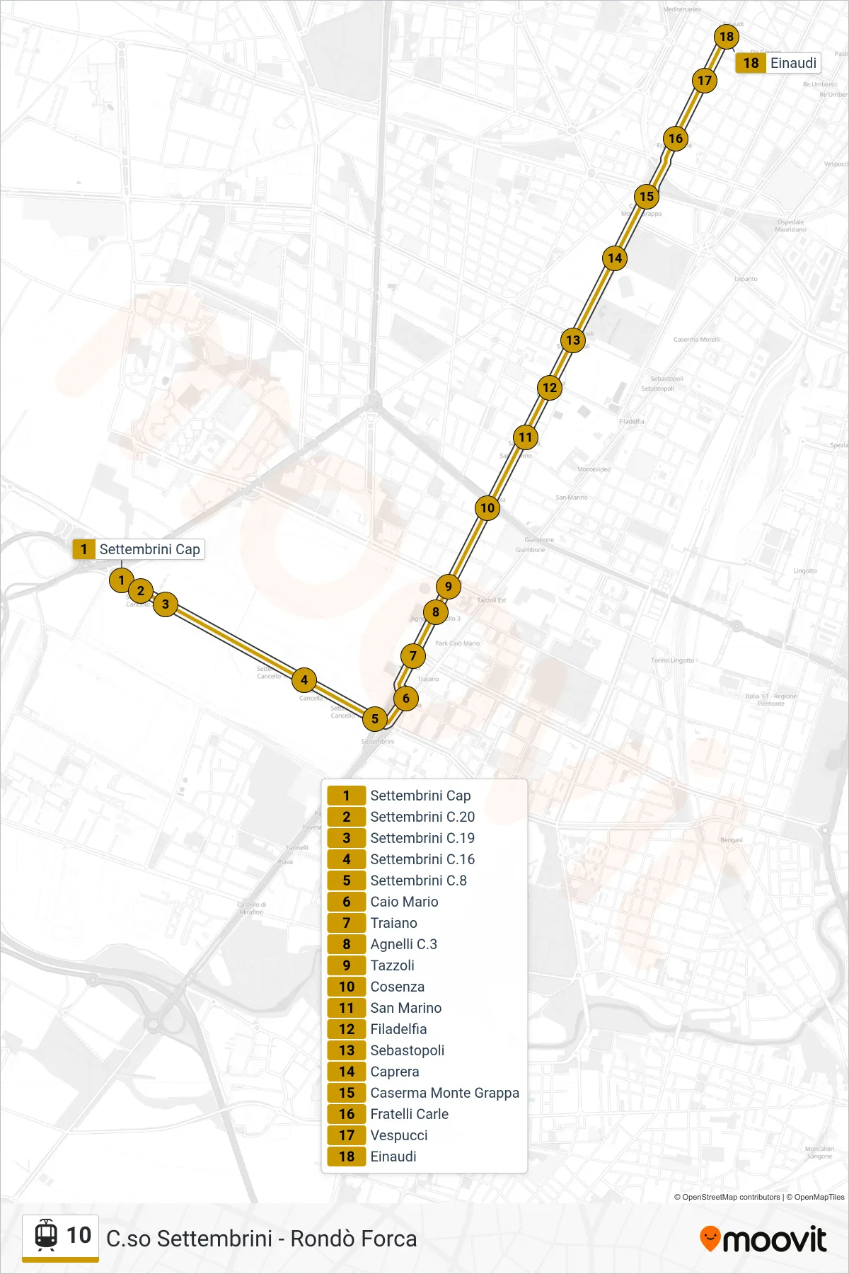 10 tram Line (Einaudi) route and stops on a map