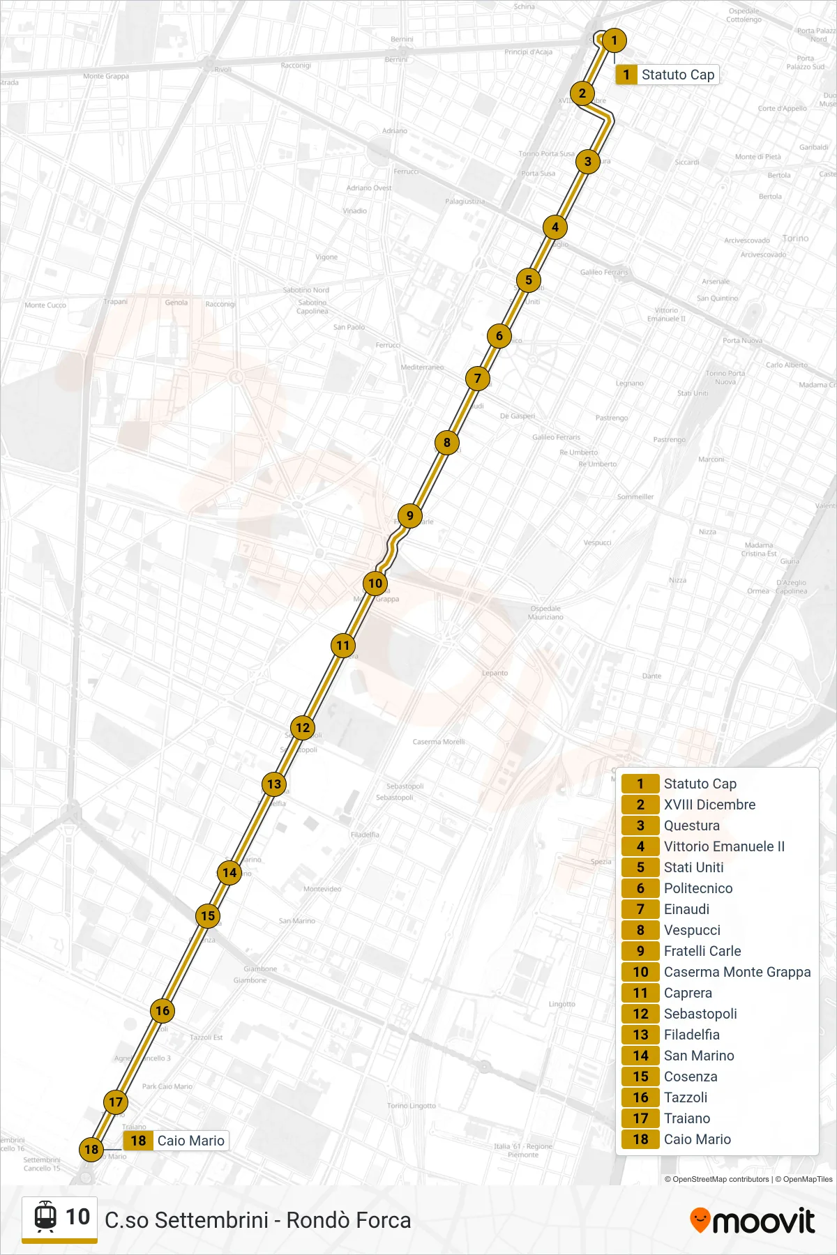 10 light rail Line (Mirafiori South Caio Mario Square) route and stops on a map