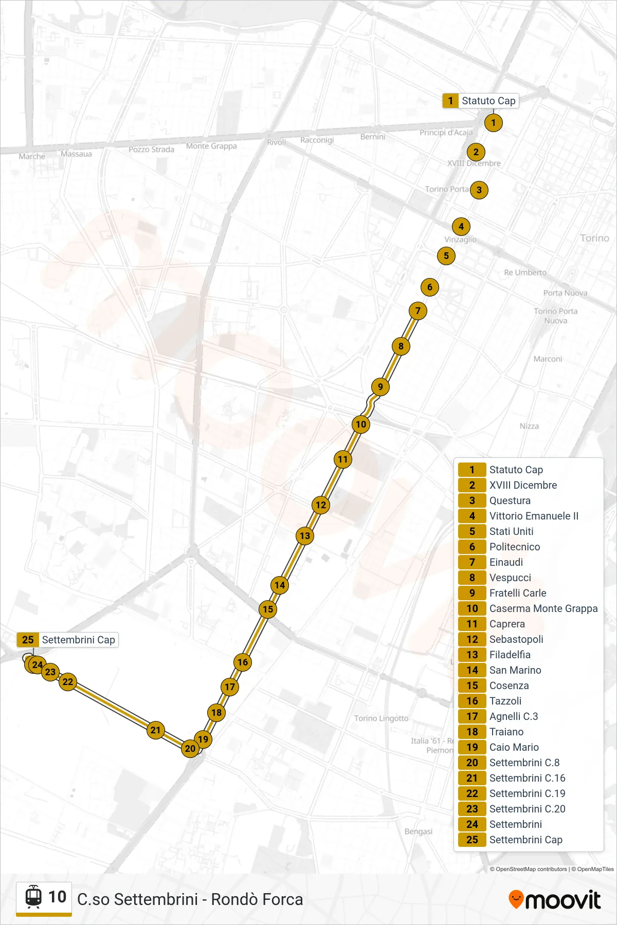 10 tram Line (Mirafiori South Corso Settembrini) route and stops on a map