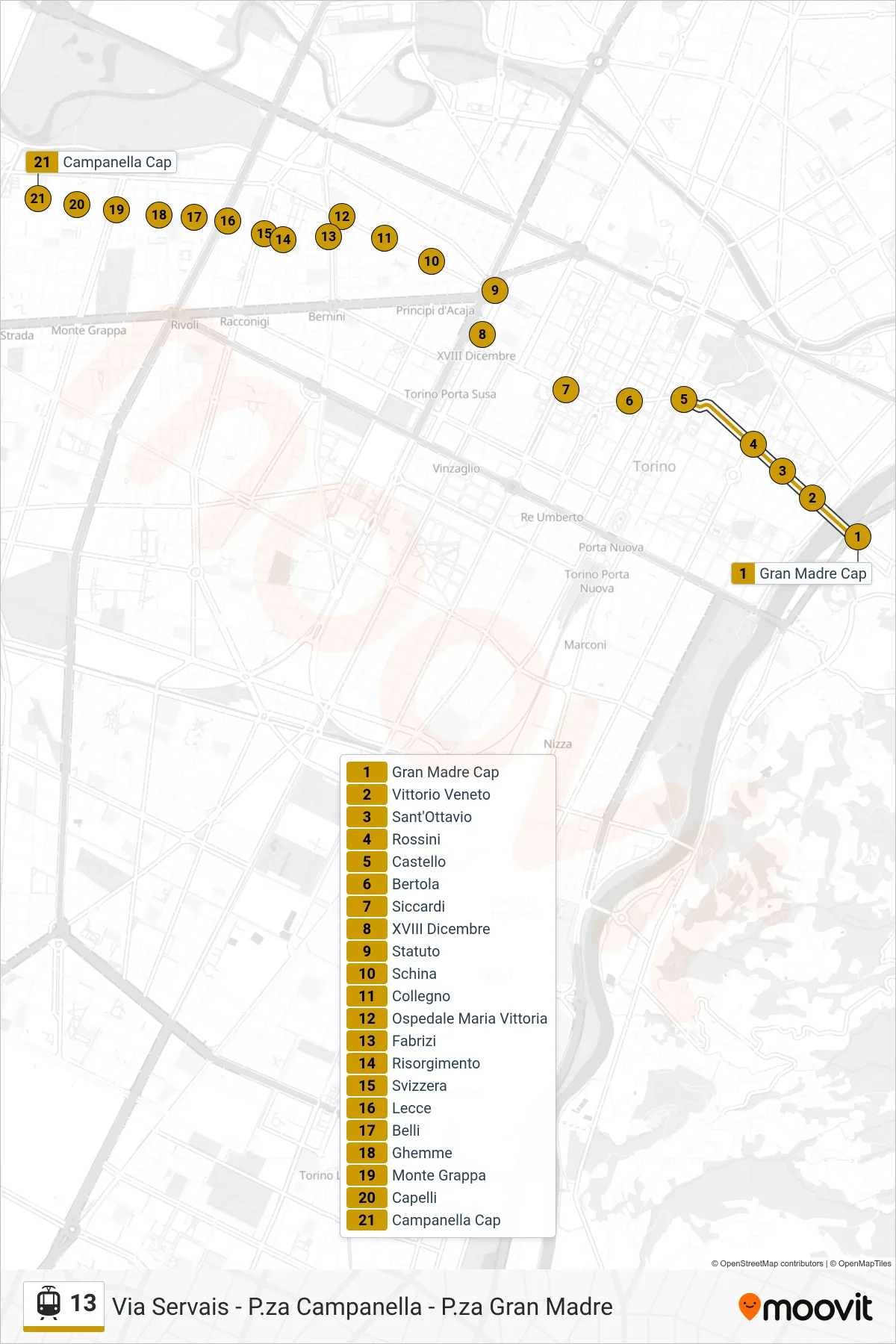 Linea 13  tram (Servais) - Percorsi e fermate sulla mappa