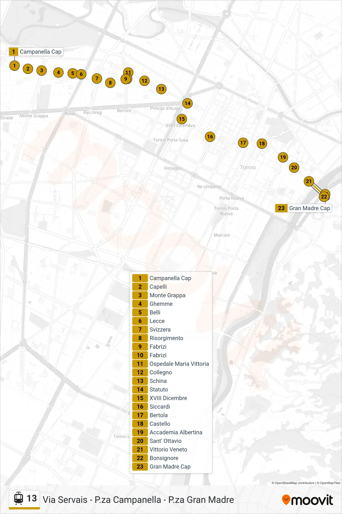 Linea 13 tram (Gran Madre) - Percorsi e fermate sulla mappa