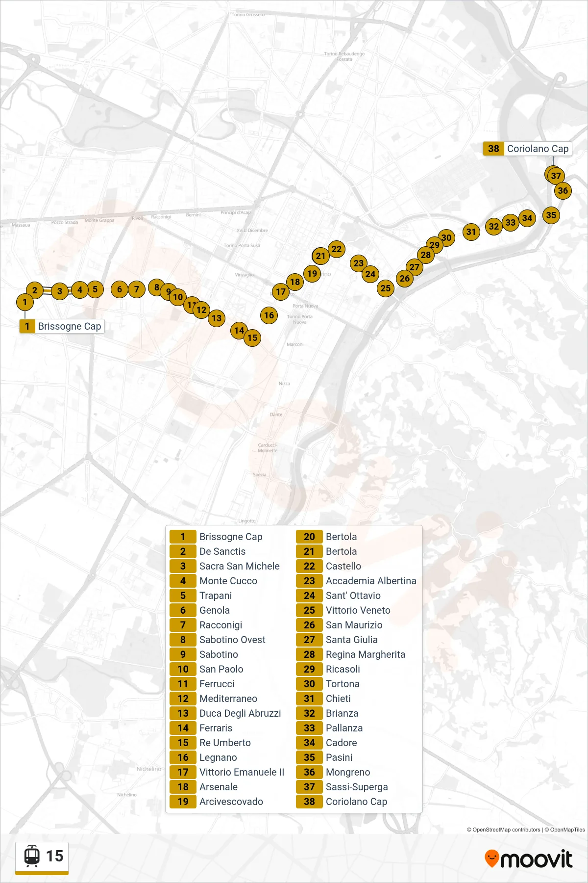 Linea 15 tram (Coriolano) - Percorsi e fermate sulla mappa