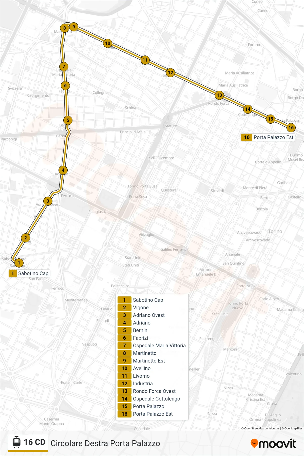 Linea 16 CD tram (Circolare Destra Porta Palazzo) - Percorsi e fermate sulla mappa
