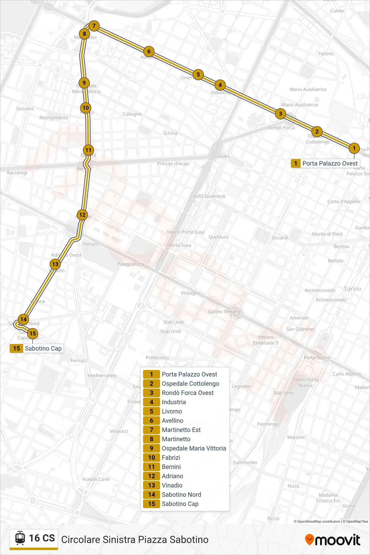 Linea 16 CS tram (Circolare Sinistra Piazza Sabotino) - Percorsi e fermate sulla mappa