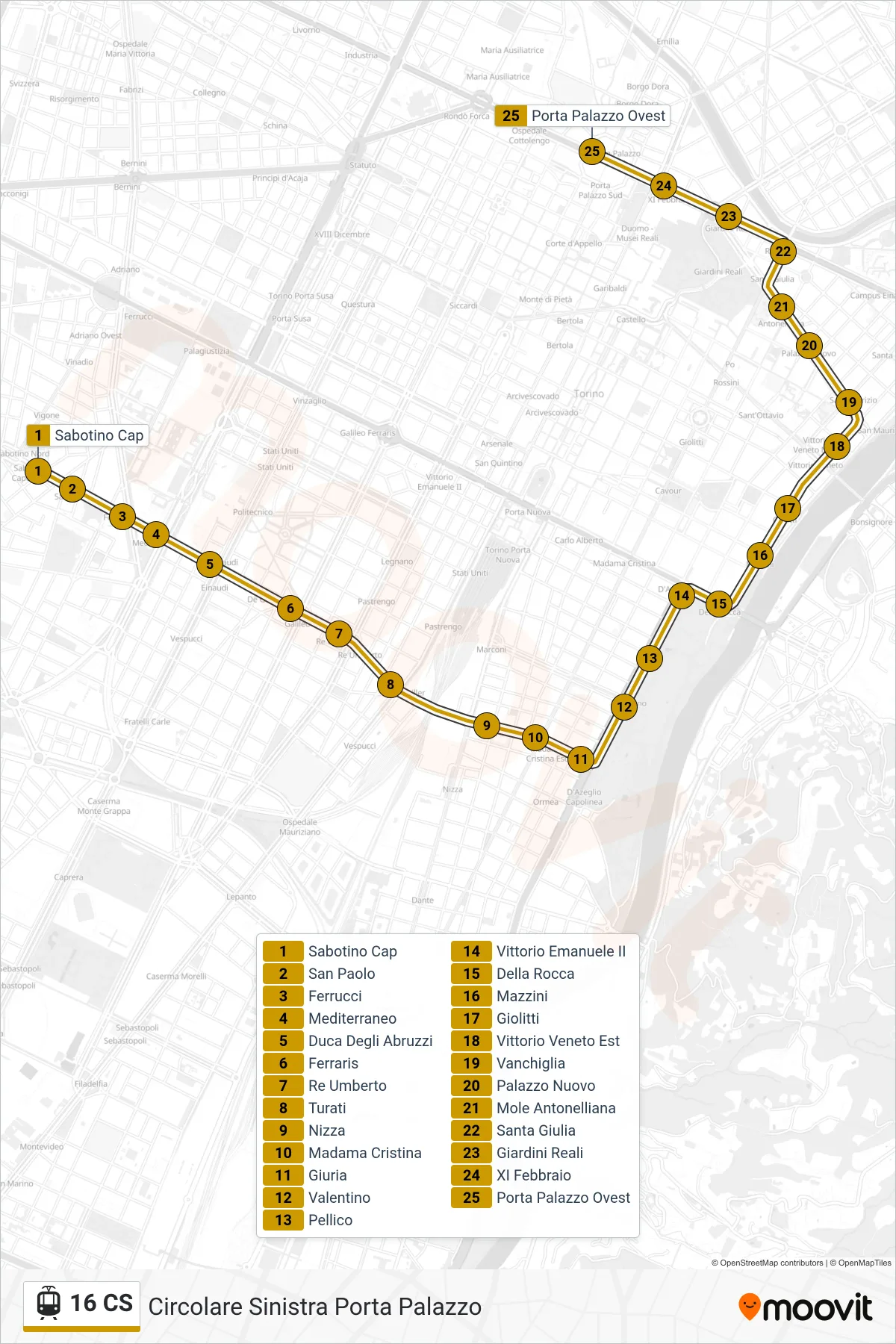 Linea 16 CS  tram (Circolare Sinistra Porta Palazzo) - Percorsi e fermate sulla mappa
