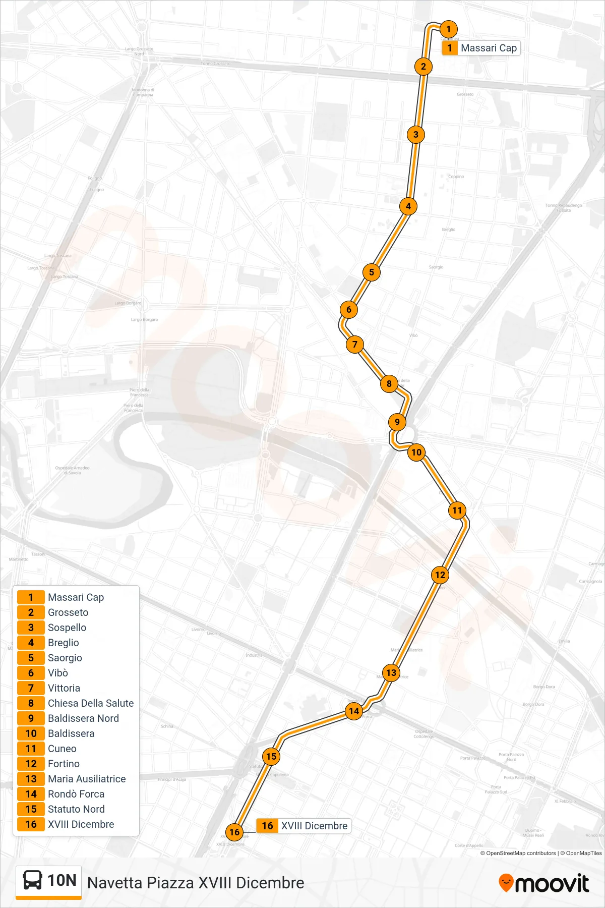 Linea 10N bus (Navetta Piazza XVIII Dicembre) - Percorsi e fermate sulla mappa