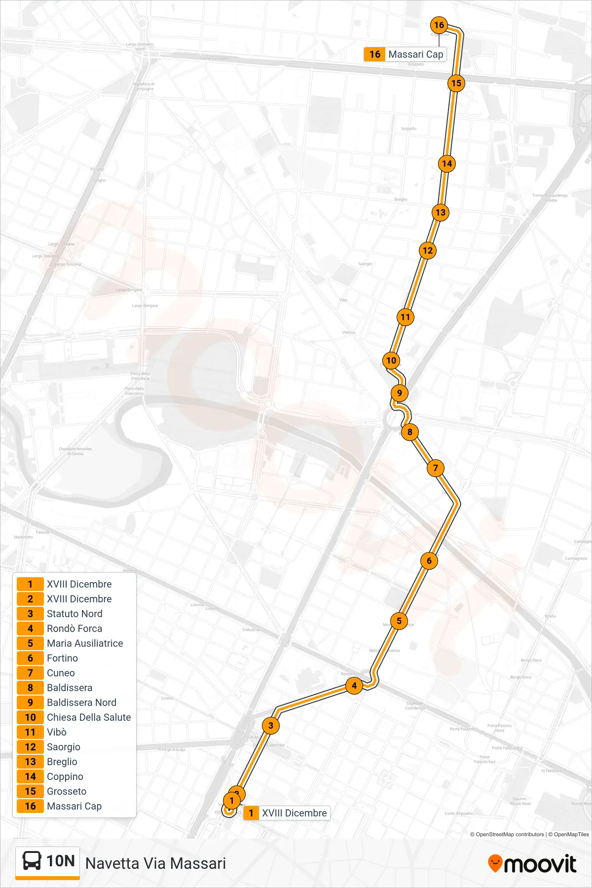 Linea 10N bus (Navetta Via Massari) - Percorsi e fermate sulla mappa