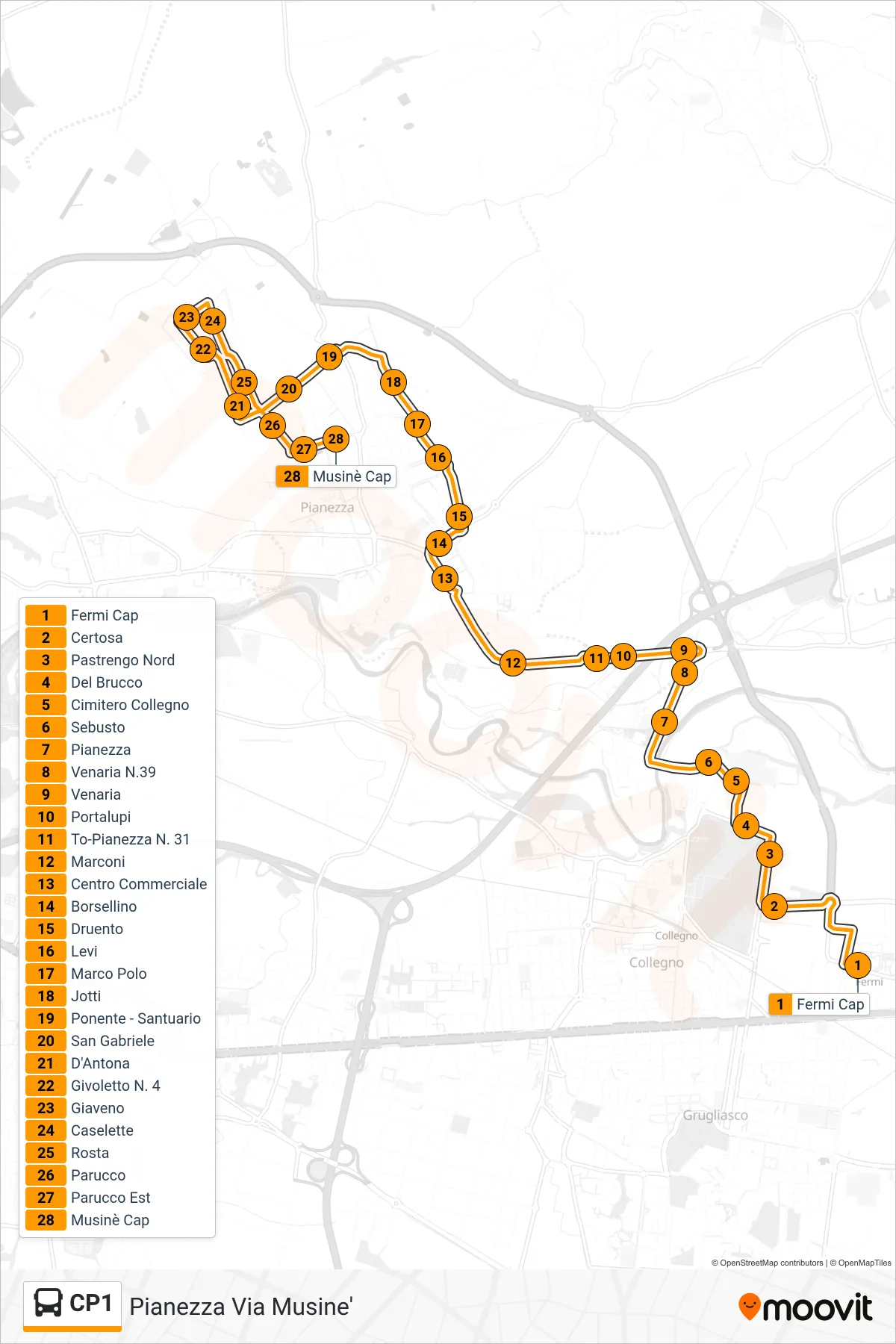 Linea CP1 bus (Pianezza Via Musine') - Percorsi e fermate sulla mappa