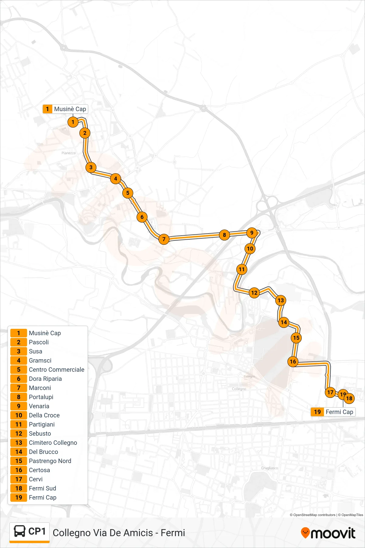 Linea CP1 bus (Collegno Via De Amicis - Fermi) - Percorsi e fermate sulla mappa