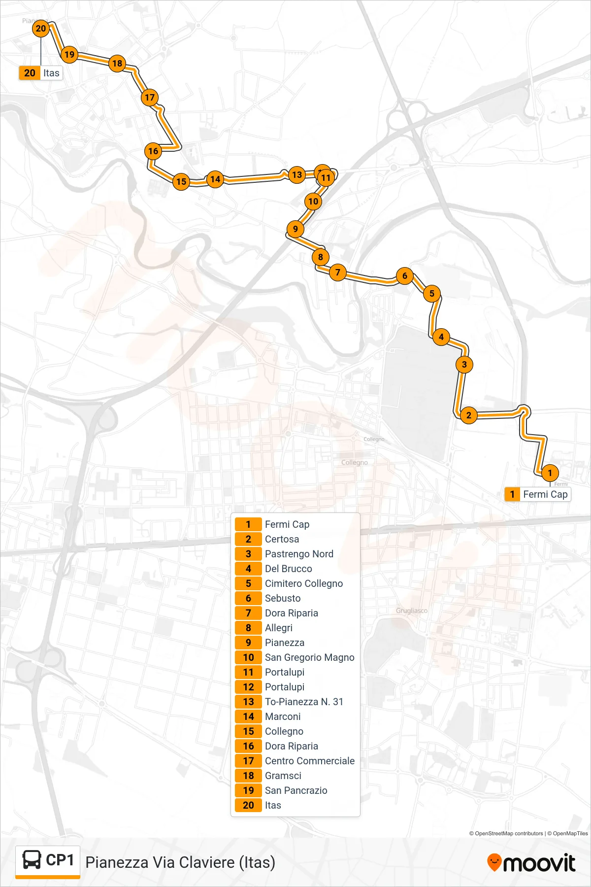 Linea CP1 bus (Pianezza Via Claviere (Itas)) - Percorsi e fermate sulla mappa