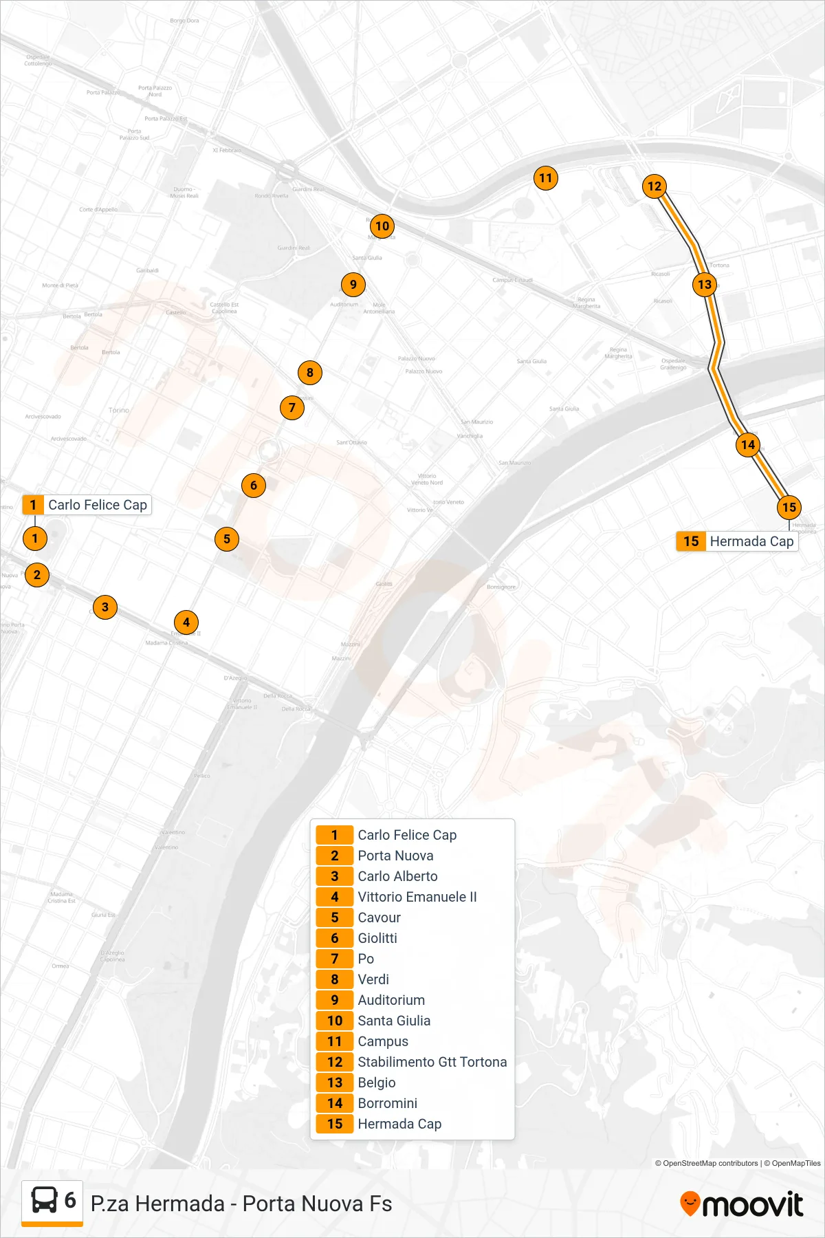 6 bus Line (Val San Martino Piazza Hermada) route and stops on a map