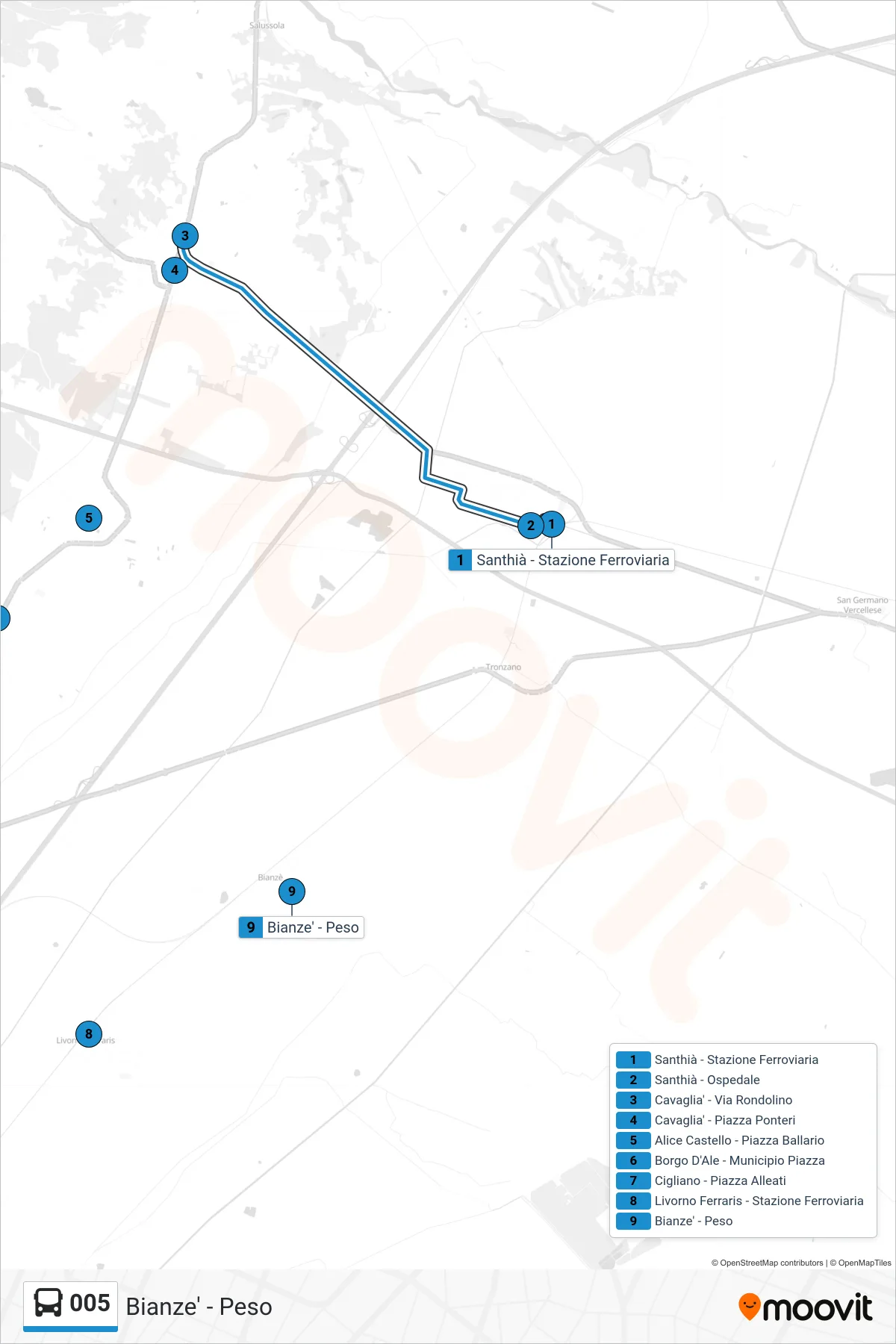 Linea 005 bus (Bianze' - Peso) - Percorsi e fermate sulla mappa