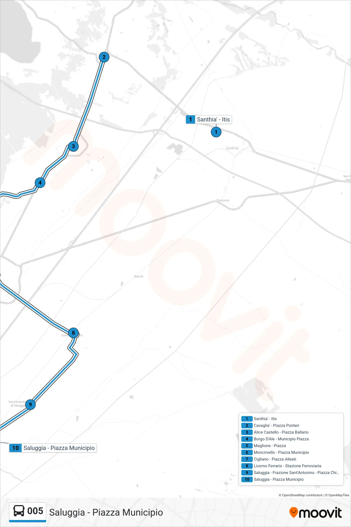 Linea 005 bus (Saluggia - Piazza Municipio) - Percorsi e fermate sulla mappa