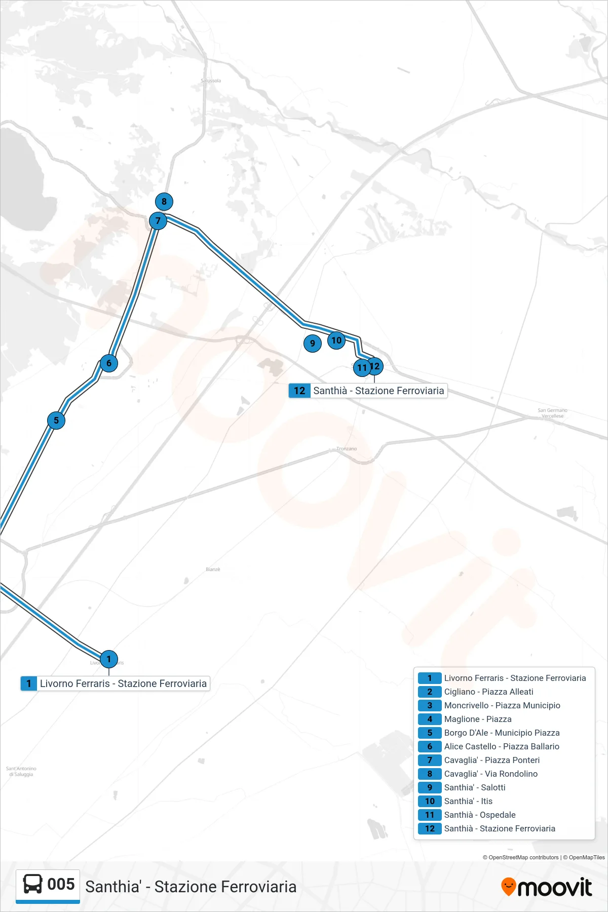 Linea 005 bus (Santhia' - Stazione Ferroviaria) - Percorsi e fermate sulla mappa