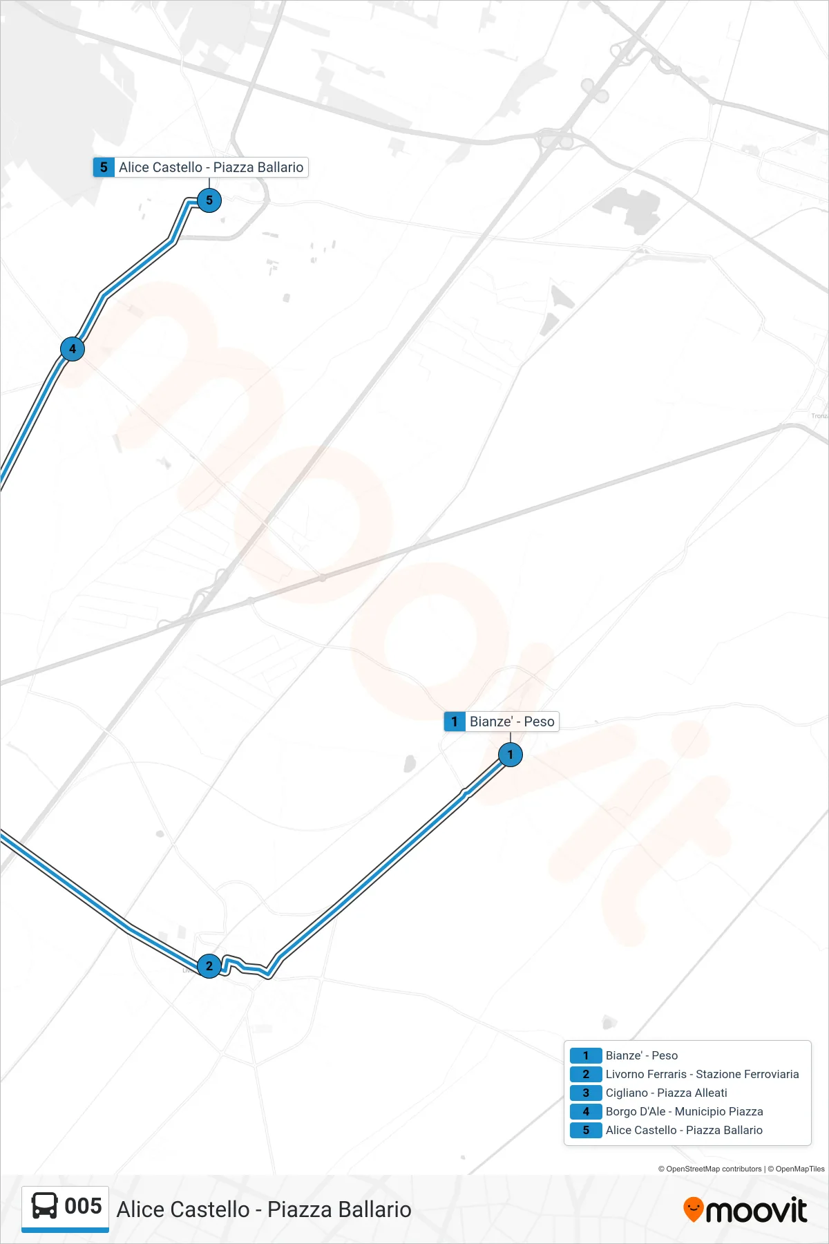 Linea 005 bus (Alice Castello - Piazza Ballario) - Percorsi e fermate sulla mappa