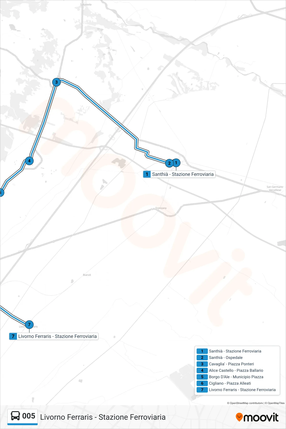 Linea 005 bus (Livorno Ferraris - Stazione Ferroviaria) - Percorsi e fermate sulla mappa