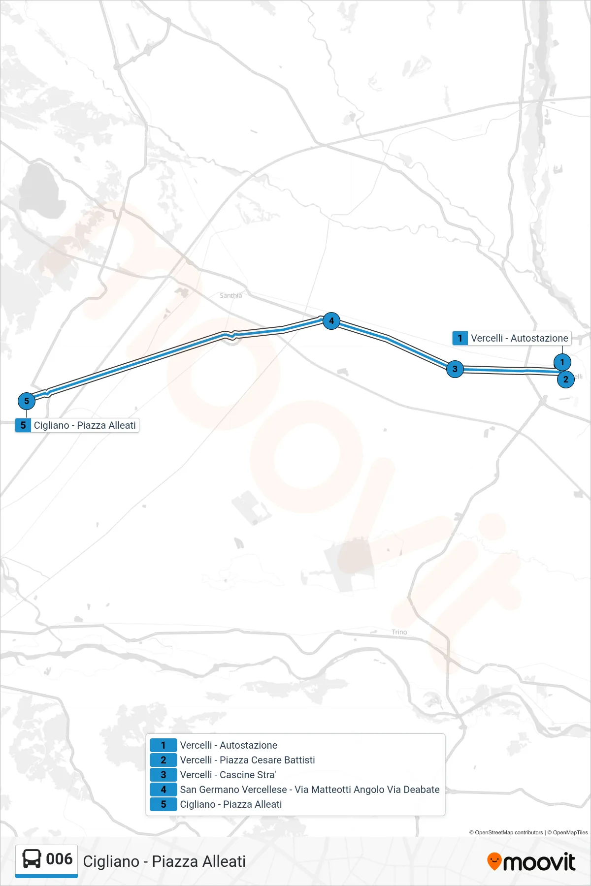 006 bus Line (Cigliano - Allies Square) route and stops on a map