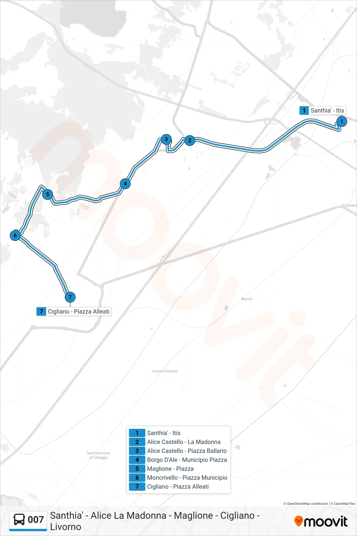 Linea 007 bus (Cigliano - Piazza Alleati) - Percorsi e fermate sulla mappa