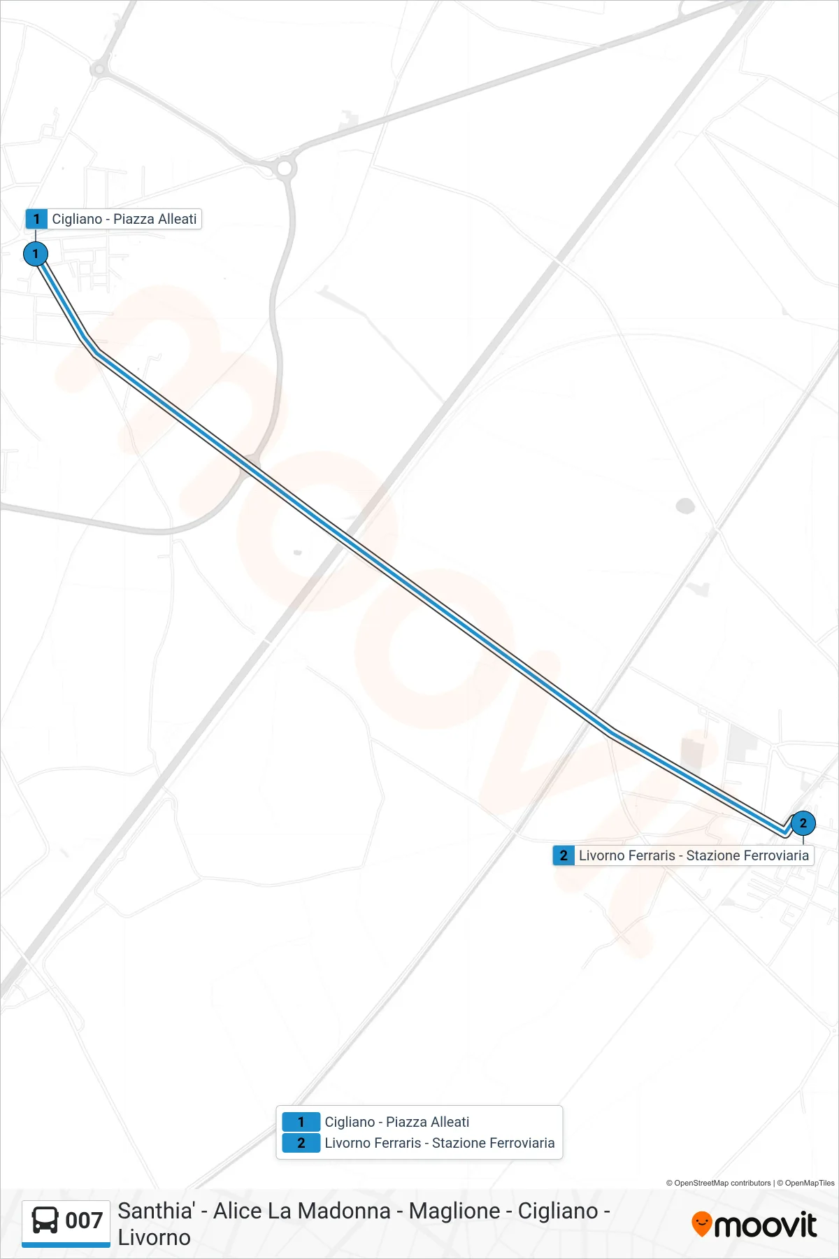 Linea 007 bus (Livorno Ferraris - Stazione Ferroviaria) - Percorsi e fermate sulla mappa