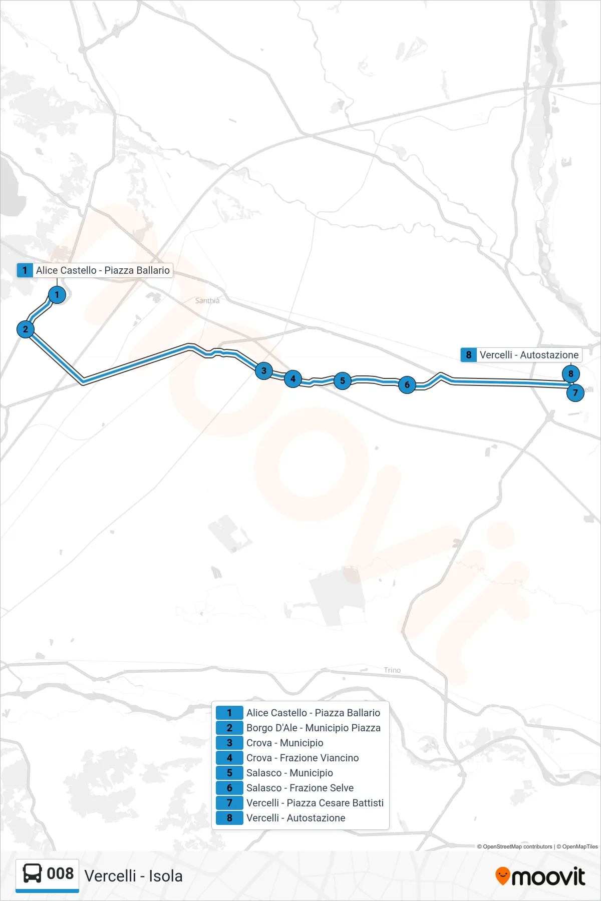 Linea 008 bus (Vercelli - Isola) - Percorsi e fermate sulla mappa